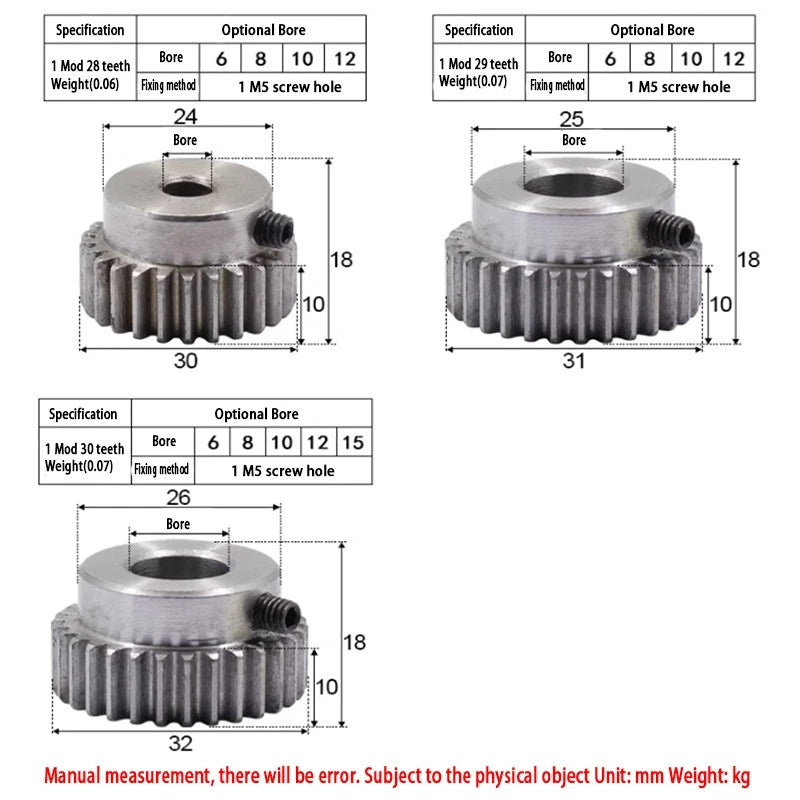 Mod 1 Steel Pinion Gear Spur Gears 12-30 Teeth 6-15mm Bore With Screw Hardened