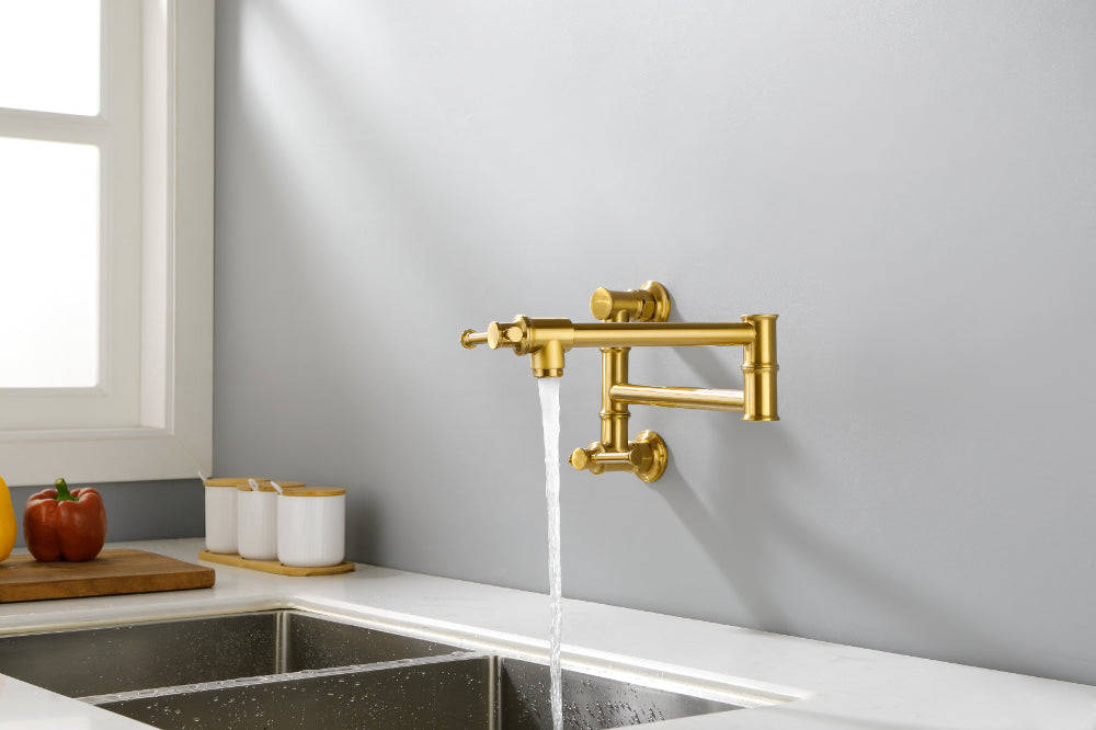 Wall Mounted Pot Filler Faucet โ Brushed Gold, Two-Attachment Folding Swing Arm, Dual Handle, Solid Brass