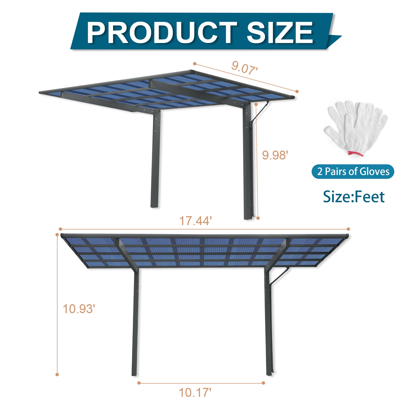 Outdoor Carport, 17.44FT*9FT*11FT Single Carport Aluminum Metal Frame and Polycarbonate Panels Car Port for Outdoor Driveway Car, Truck