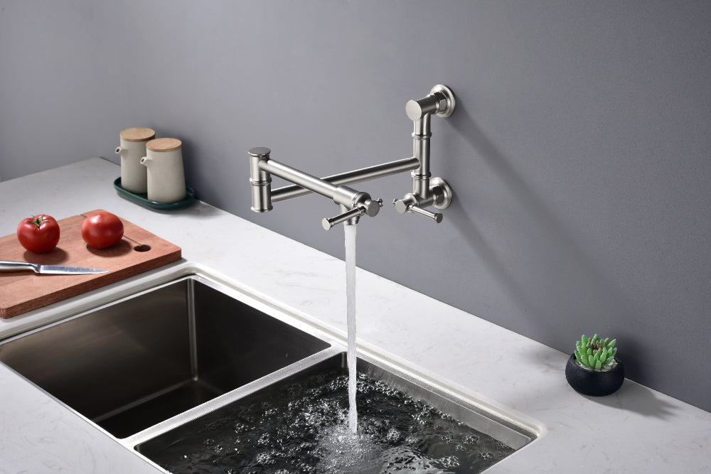 Wall Mounted Pot Filler Faucet โ Brushed Nickel, Two-Attachment Folding Swing Arm, Dual Handle, Solid Brass