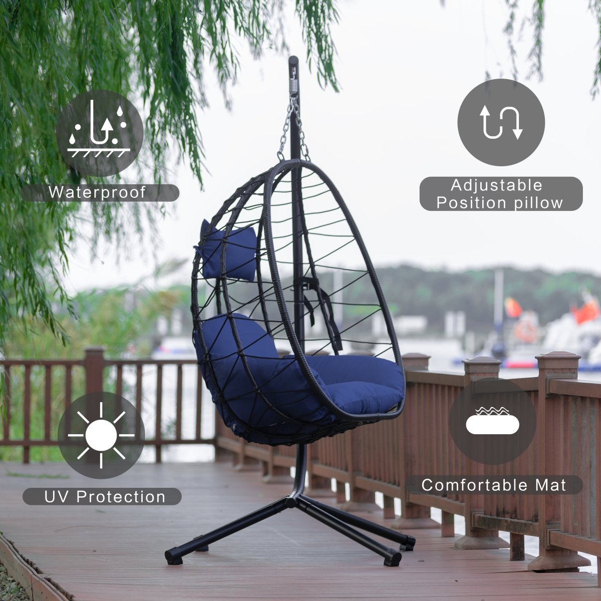 Egg Chair with Stand Indoor Outdoor Swing Chair Patio Wicker Hanging Egg Chair Hanging Basket Chair Hammock Chair with Stand for Bedroom Living Room Balcony Navy Blue - HomeDIYer