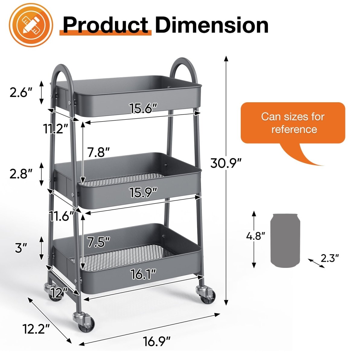 Gray 3 Tier Small Rolling Cart, Metal Utility Storage Organizer Kitchen Trolley Bathroom Laundry Room Bar Office Shelves - HomeDIYer