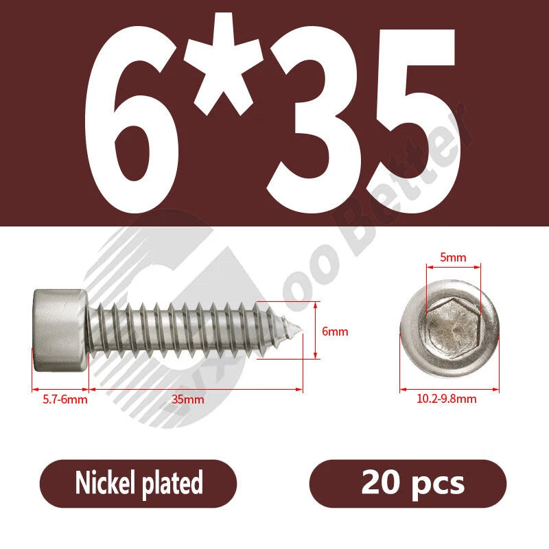M1.7 M2 M2.3 M2.6 M3 M3.5 M4 M5 M6 Socket Head Self‑Tapping Screws – Alloy Steel, Nickel or Black Zinc