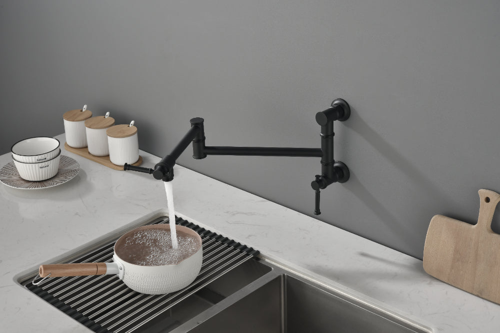 Wall Mounted Pot Filler Faucet – Matte Black, Two-Attachment Folding Swing Arm, Dual Handle, Solid Brass