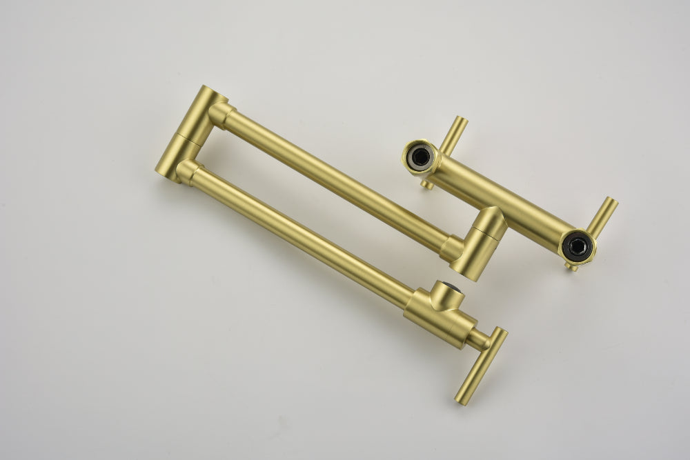 3-Handle Wall Mounted Pot Filler Faucet โ Brushed Gold, Swing Arm, Hot & Cold Water, Solid Brass