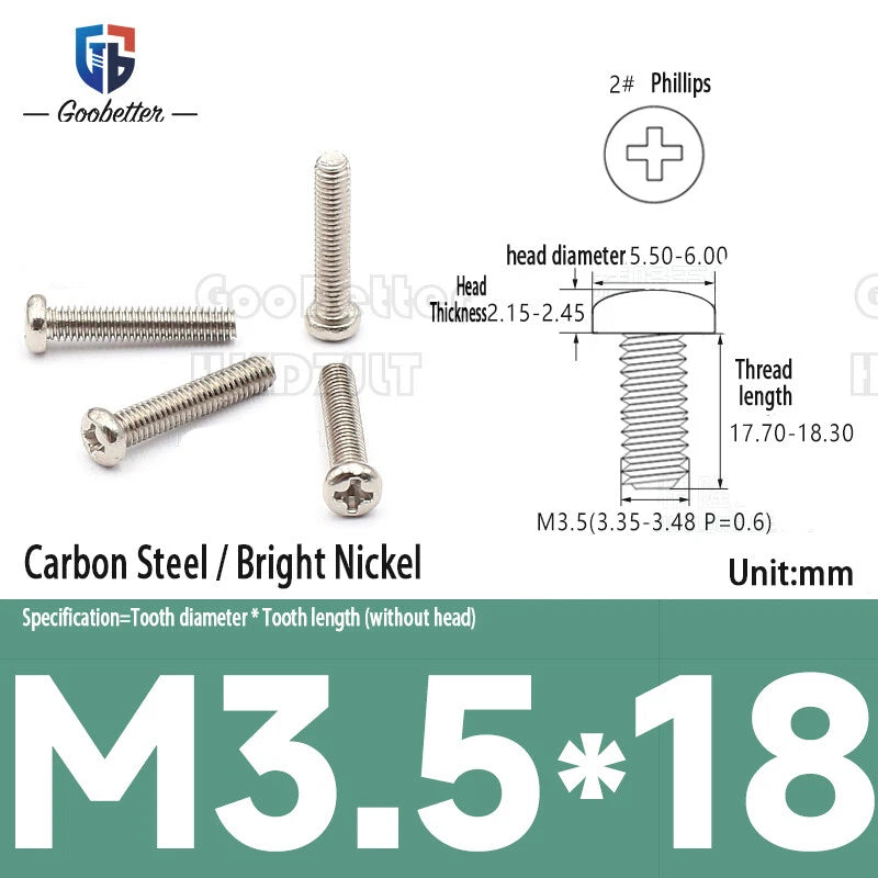 Pan Head Round Head Machine Screws Phillips Drive Bolts M3.5 M4 Carbon Steel