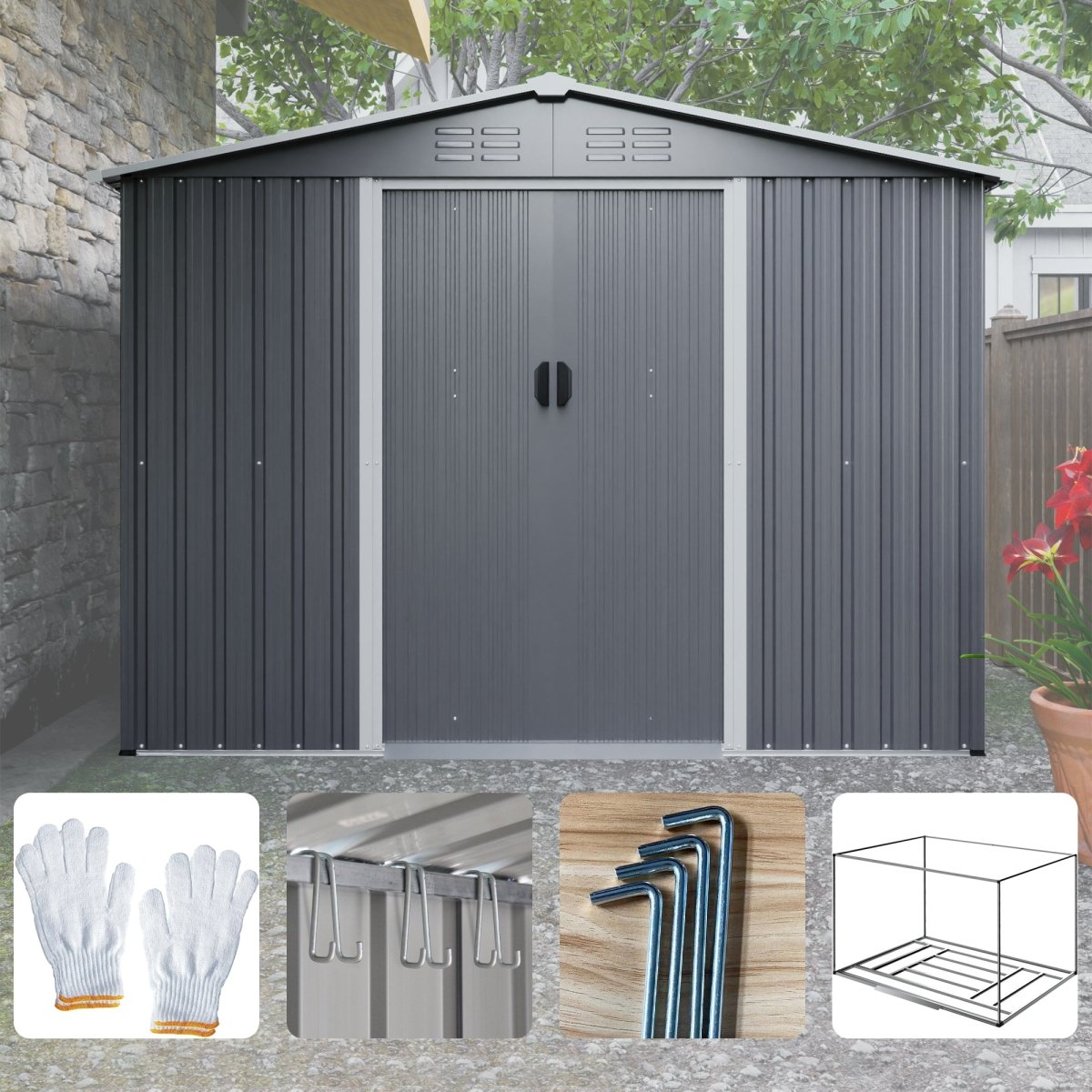 8x6 FT Outdoor Tool Storage Shed with Metal Foundation & Lockable Doors, All Weather Metal Sheds for Garden, Patio, Backyard, Lawn, Gray - HomeDIYer