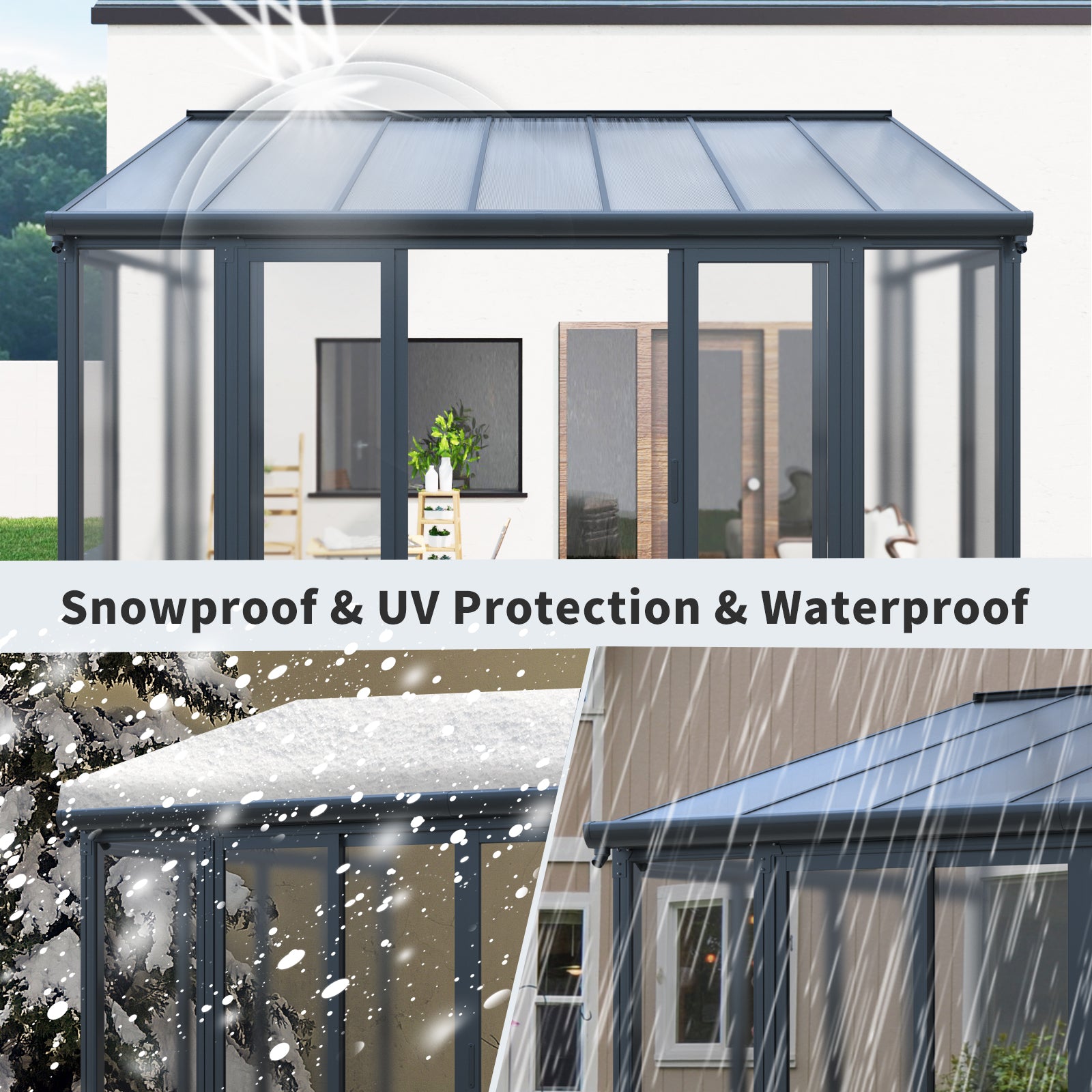10×14 ft Enclosed Patio Cover with 3 Lockable Sliding Doors, All Season Sunroom with aluminum alloy frame ,Polycarbonate Roof and transparent solid PC endurance panel wall system for Garden Patio Deck