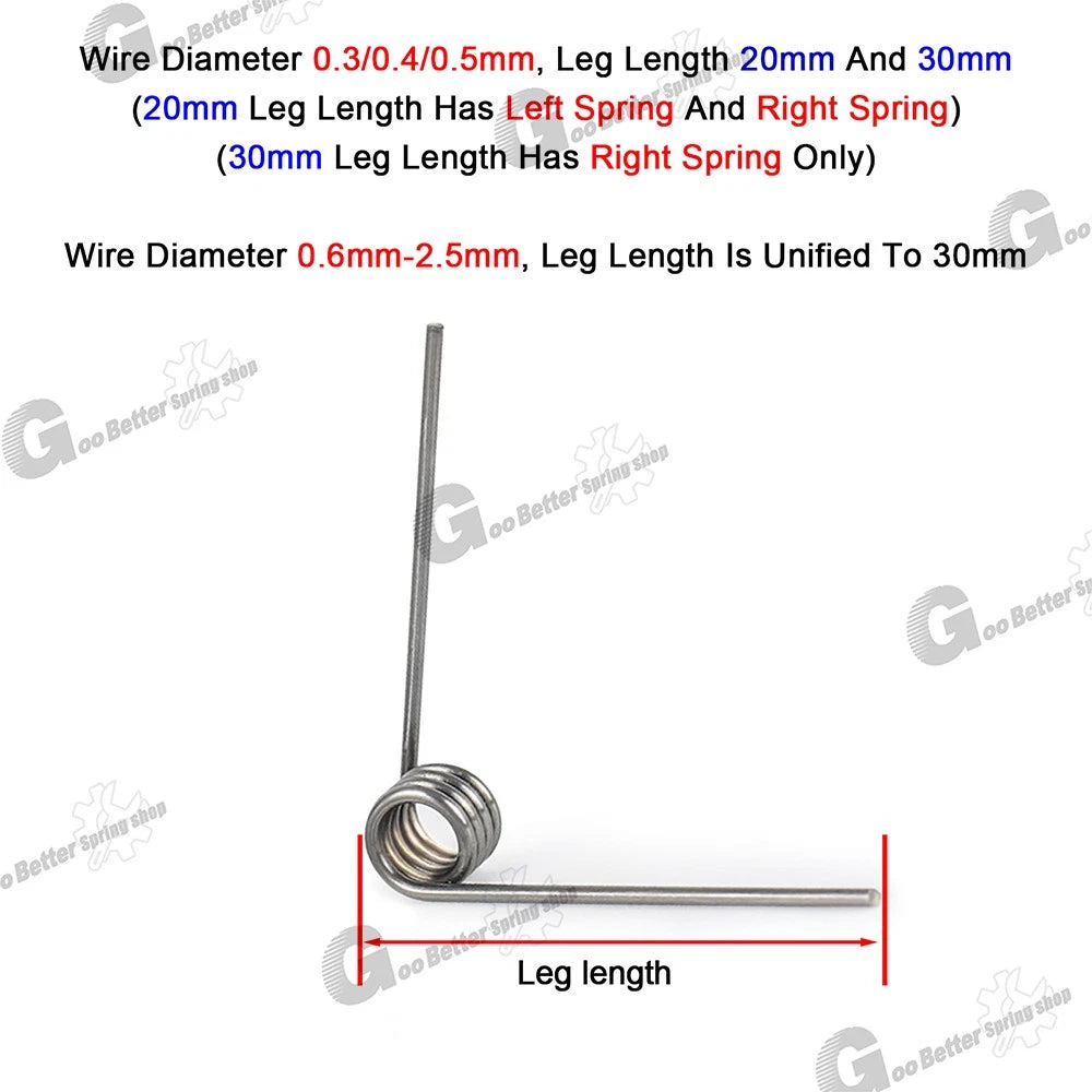 Torsion Spring (pack of 10), 0.3mm wire diameter, 2mm - 5mm OD, Right spring