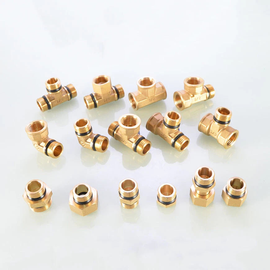 1/2" & 3/4" Brass Pipe Fittings – Straight, Elbow, Tee, Plug & Hex Nipple Connectors with Seal Washer