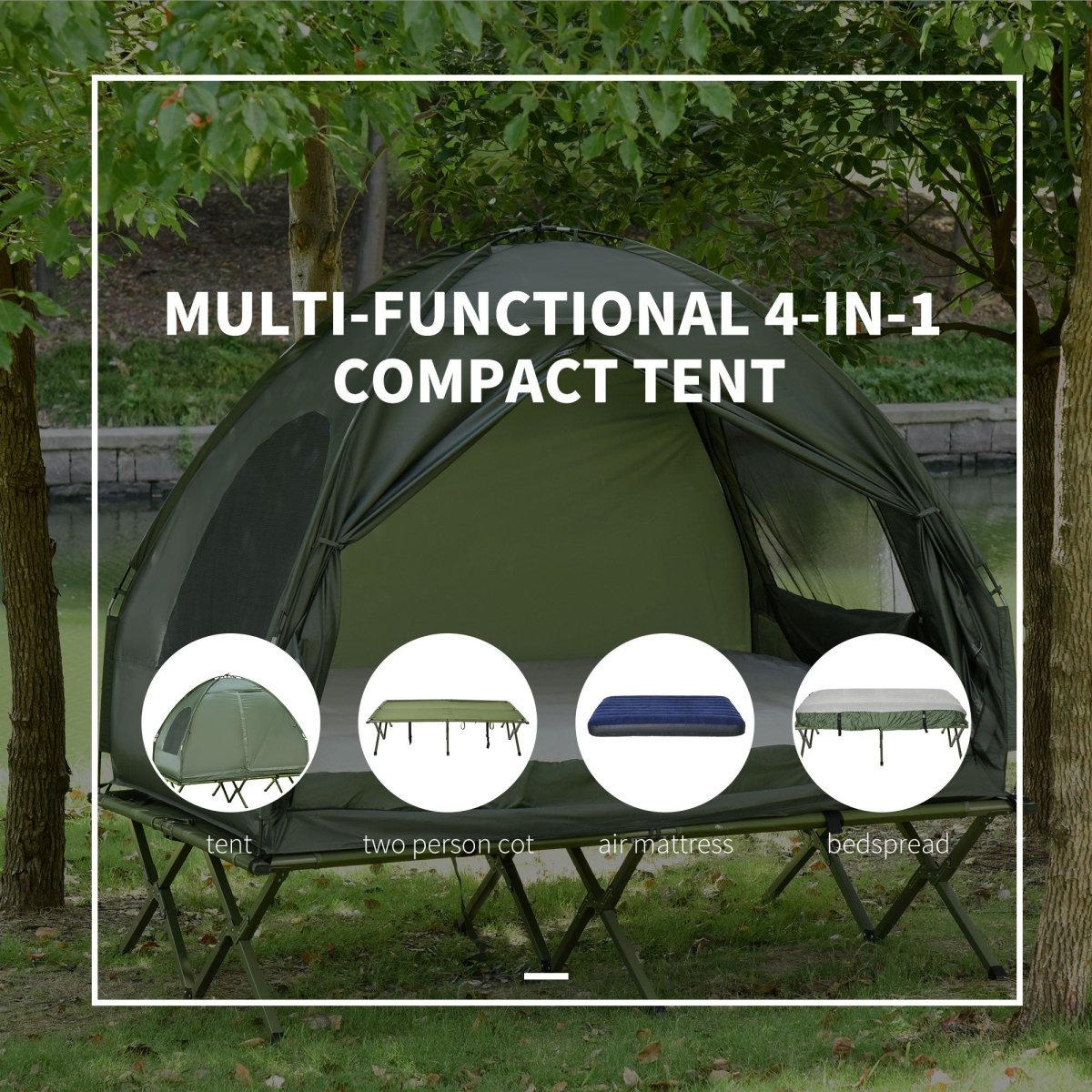 2 Person Foldable Camping Cot with Tent, Bedspread and Thick Air Mattress, 4 - In - 1 Elevated Camping Bed Tent for Outdoor Hiking, Picnic, Travel - HomeDIYer