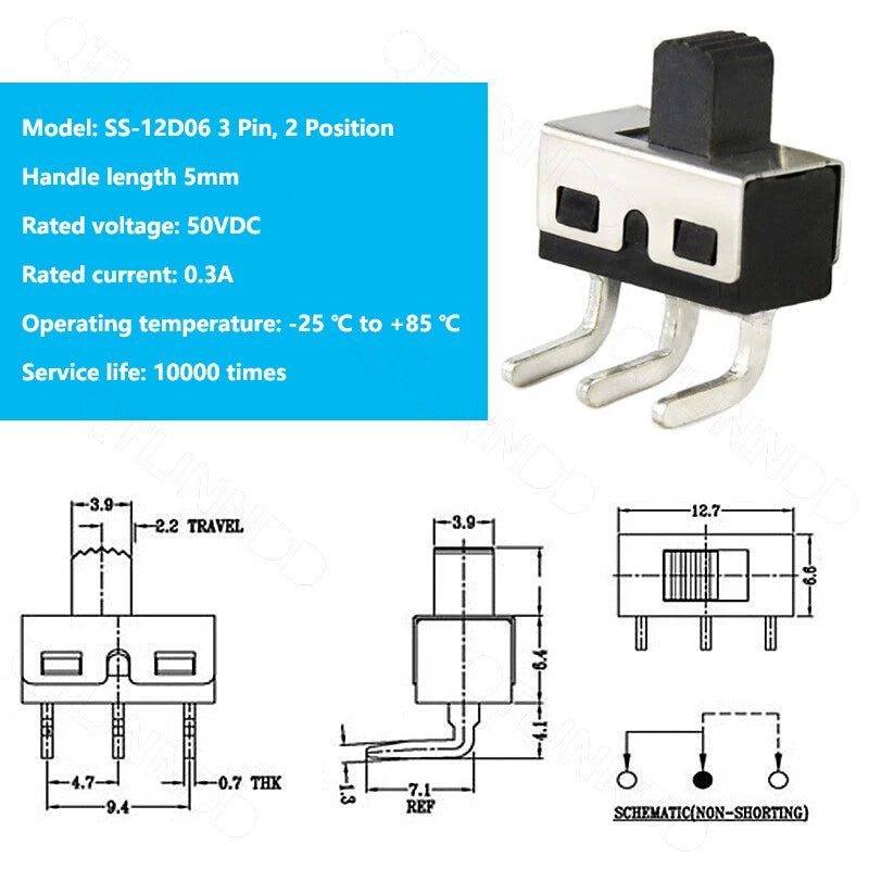 SS-12 Mini Slide Toggle Switch SPDT 3-Pin 2-Position SMD 50VDC 0.3A (SS-12D06 / SS-12D07 / SS-12D10)