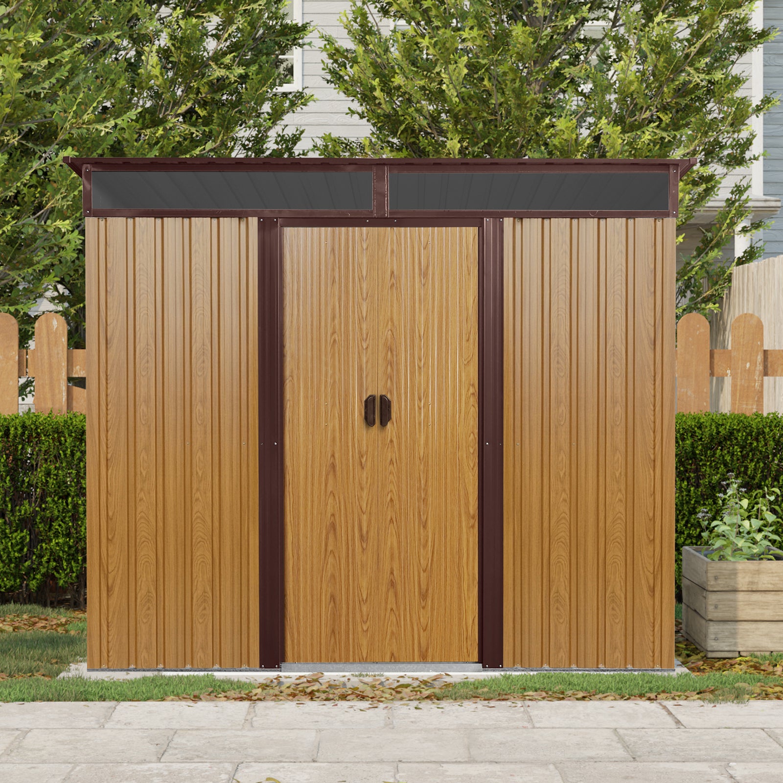 8 ft x 6 ft Outdoor Metal Storage Shed with Window and Transparent plate for Garden, Lawn (Coffee)
