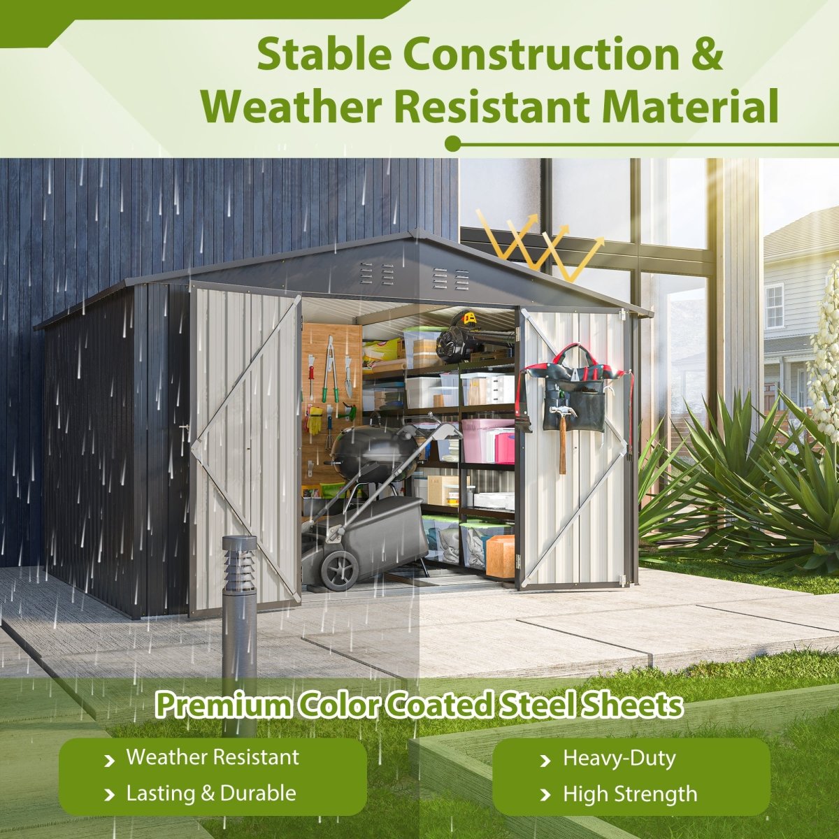 10X8 FT Outdoor Storage Shed, All Weather Metal Sheds with Lockable Doors, Tool Shed for Garden, Patio, Backyard, Lawn, Black - HomeDIYer