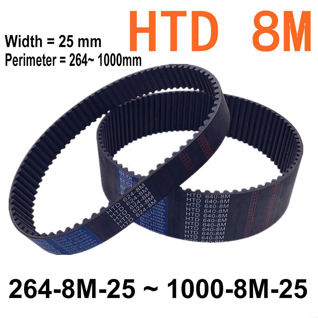 HTD 8M Timing Belt 25mm Width — Closed Loop Synchronous Belt, 264–1000mm Perimeter