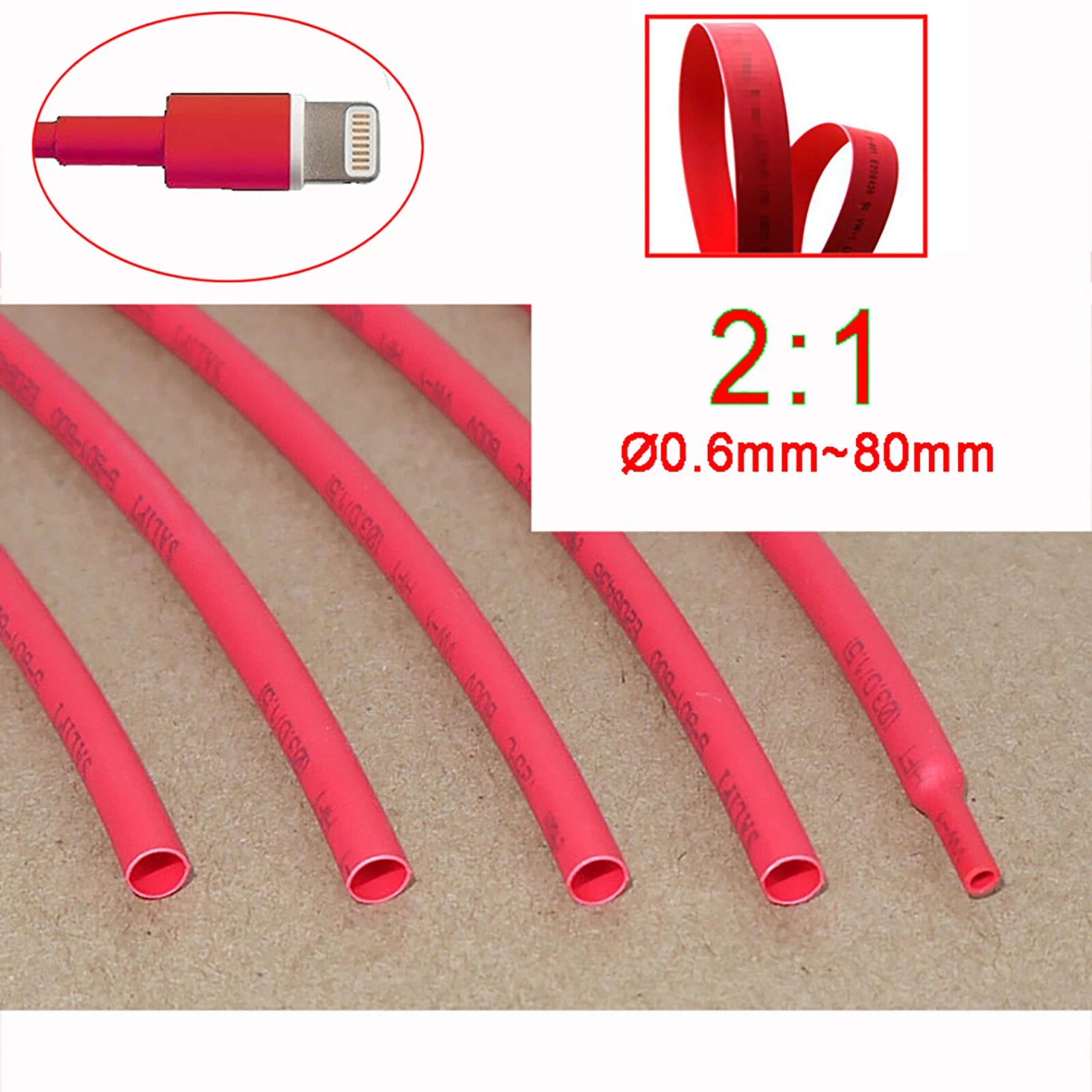 Red Heat Shrink Tubing 2:1 Ratio — Electrical Wire Sleeving & Cable Wrap