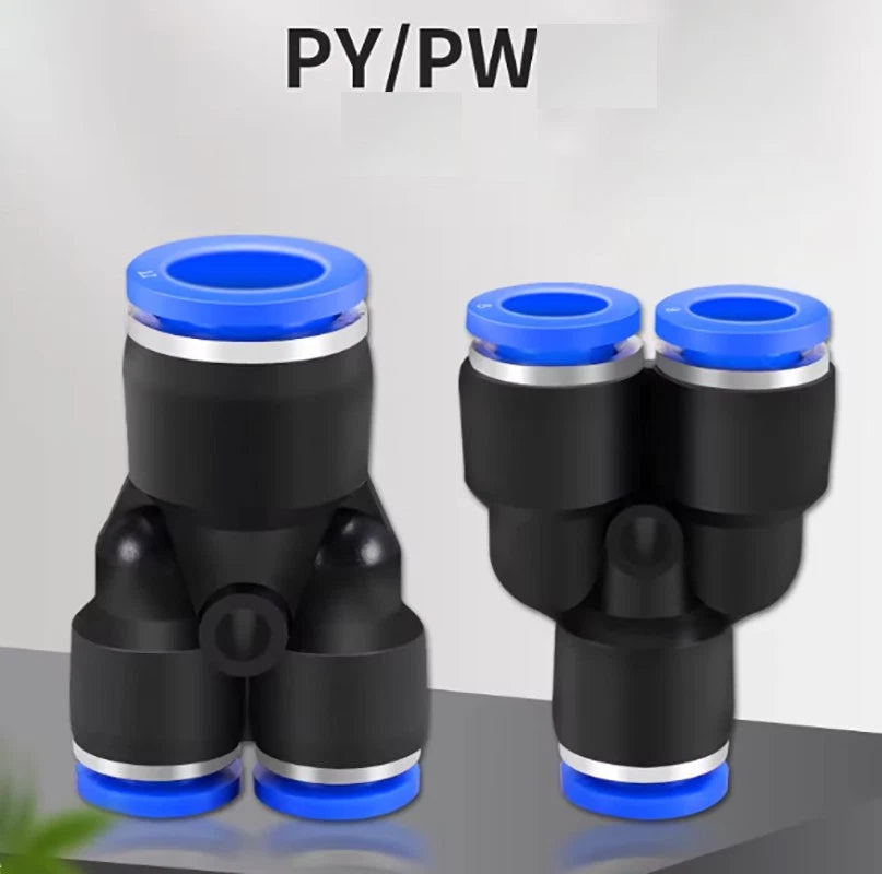 Plastic Pneumatic Hose Splitter Connector — Y-Shape PY & Equal Tee PW Fittings