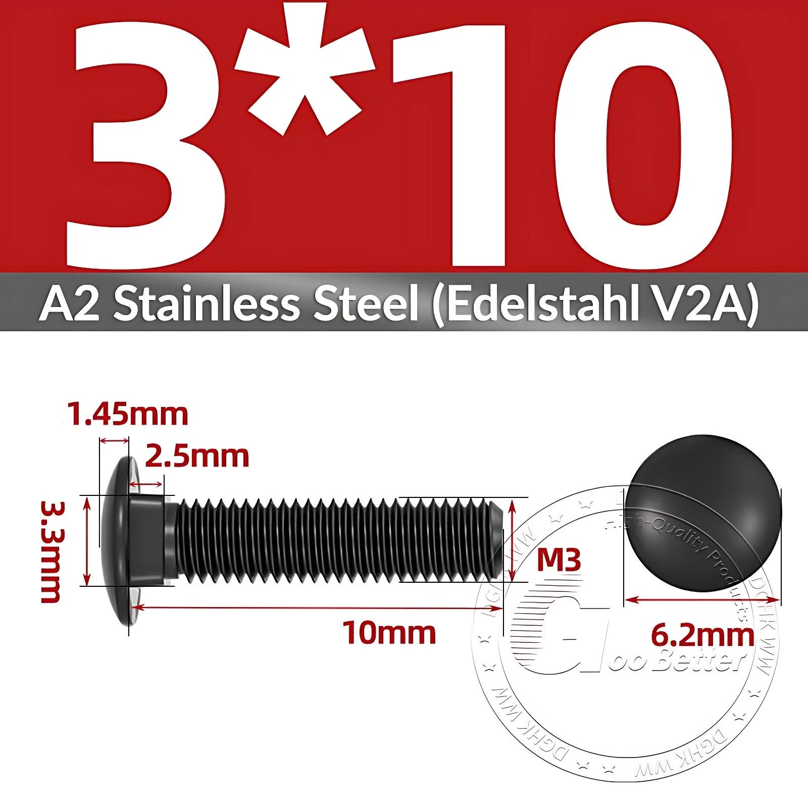 Black Stainless Steel Carriage Bolts M3–M12 | A2 Cup Square Dome Screws
