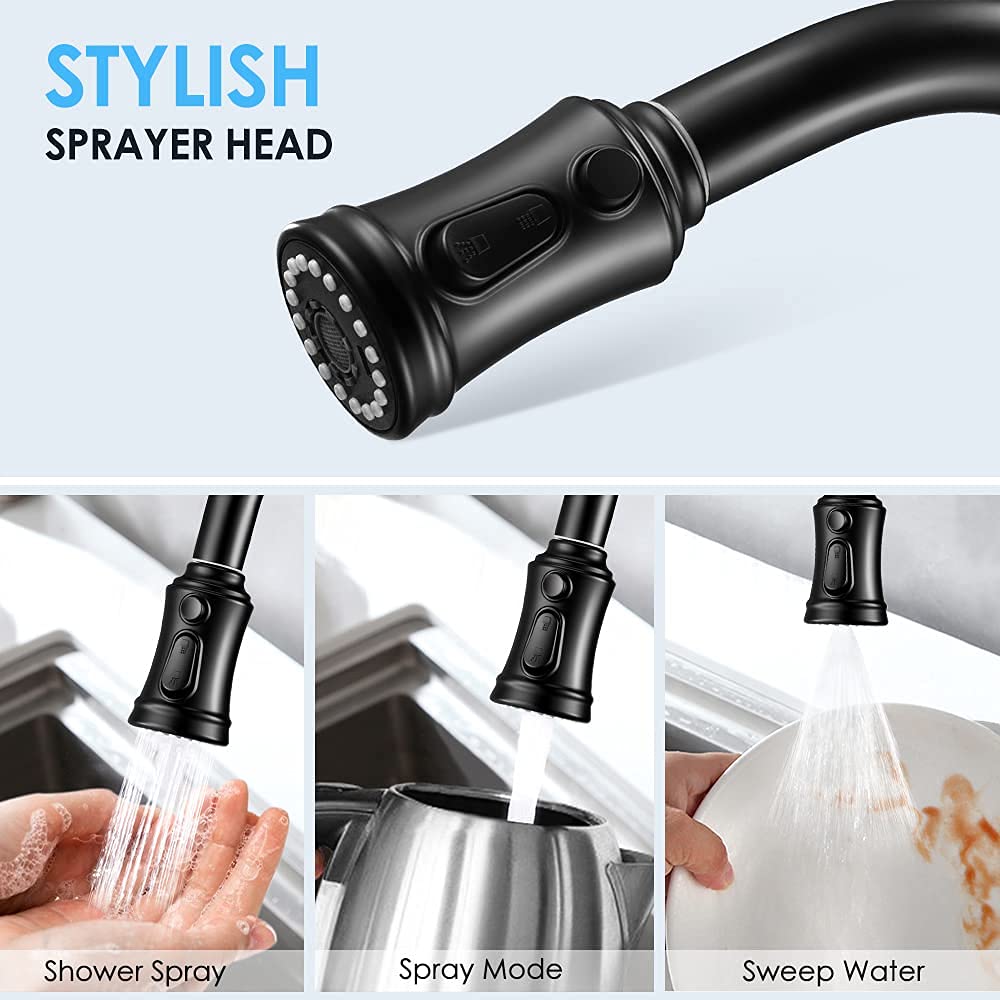 Kitchen Faucet - 3 Modes Pull Down Sprayer Kitchen Tap Faucet Head, Single Handle&Deck Plate for 1or3 Holes, 360° Rotation, Stainless Steel No Lead for RV Bar Home, Black - HomeDIYer