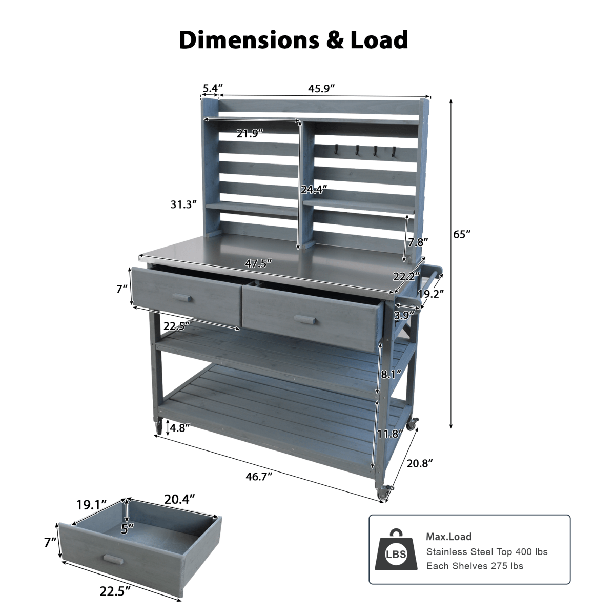 64.9"H Outdoor Potting Bench Table with Lockable Wheels, Solid Wood Outdoor Kitchen Island with Upper Hutch, Stainless Steel Top, Towel Rack ,Outdoor Storage for Grilling, Lawn Garden - Grey Blue - HomeDIYer