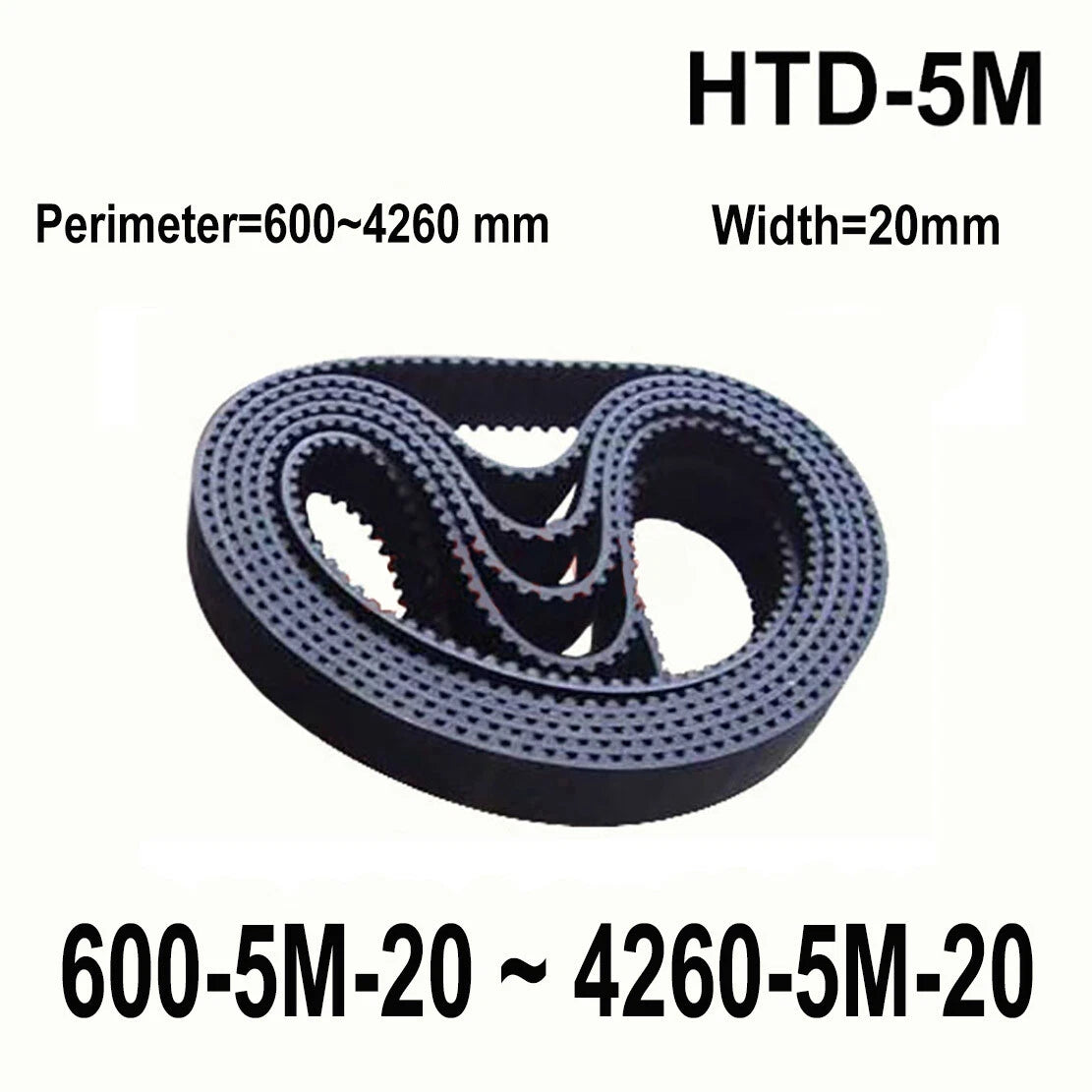 HTD 5M Timing Belt 20mm Wide — 600mm to 4260mm Closed Loop Rubber Drive Belt