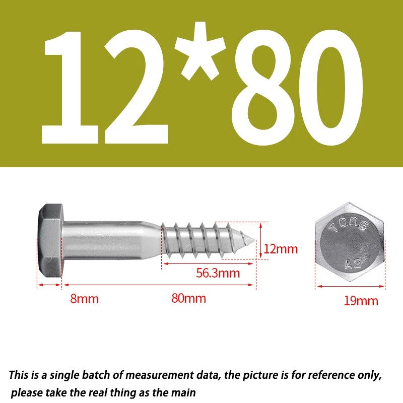 M12 A2 Stainless Steel Hex Head Lag Bolts – DIN571 Wood Screw, Multiple Lengths & Quantities