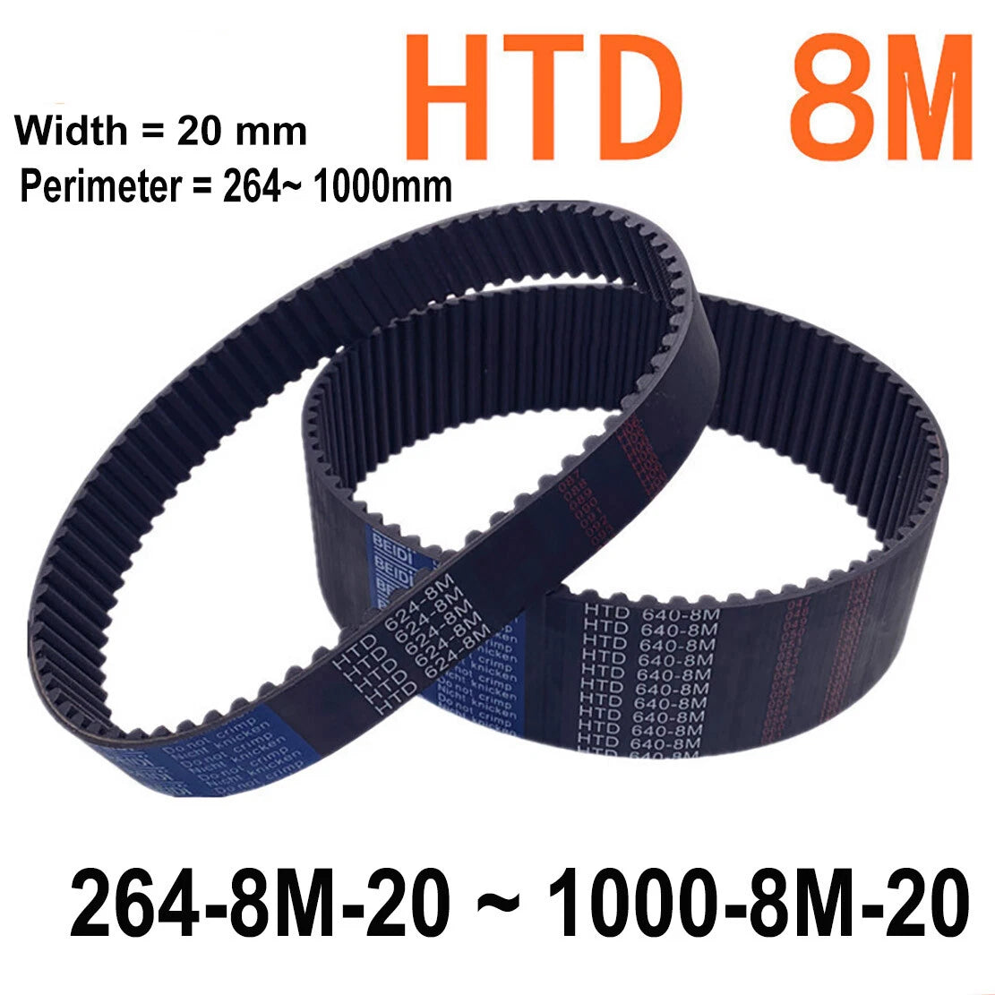 HTD 8M Timing Belt 20mm Wide – Closed Loop Synchronous, 264mm to 1000mm