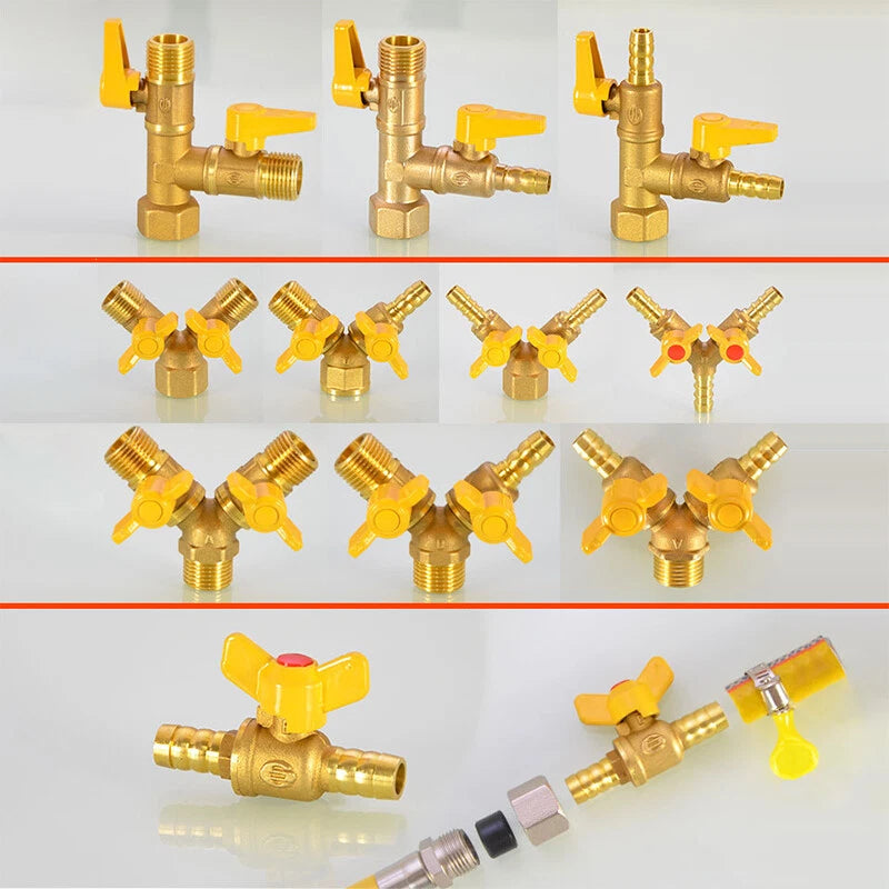 1/2" Brass 3-Way Ball Valve — Shut-Off Pipe Fitting with M1/2" & Hose Barb Ends