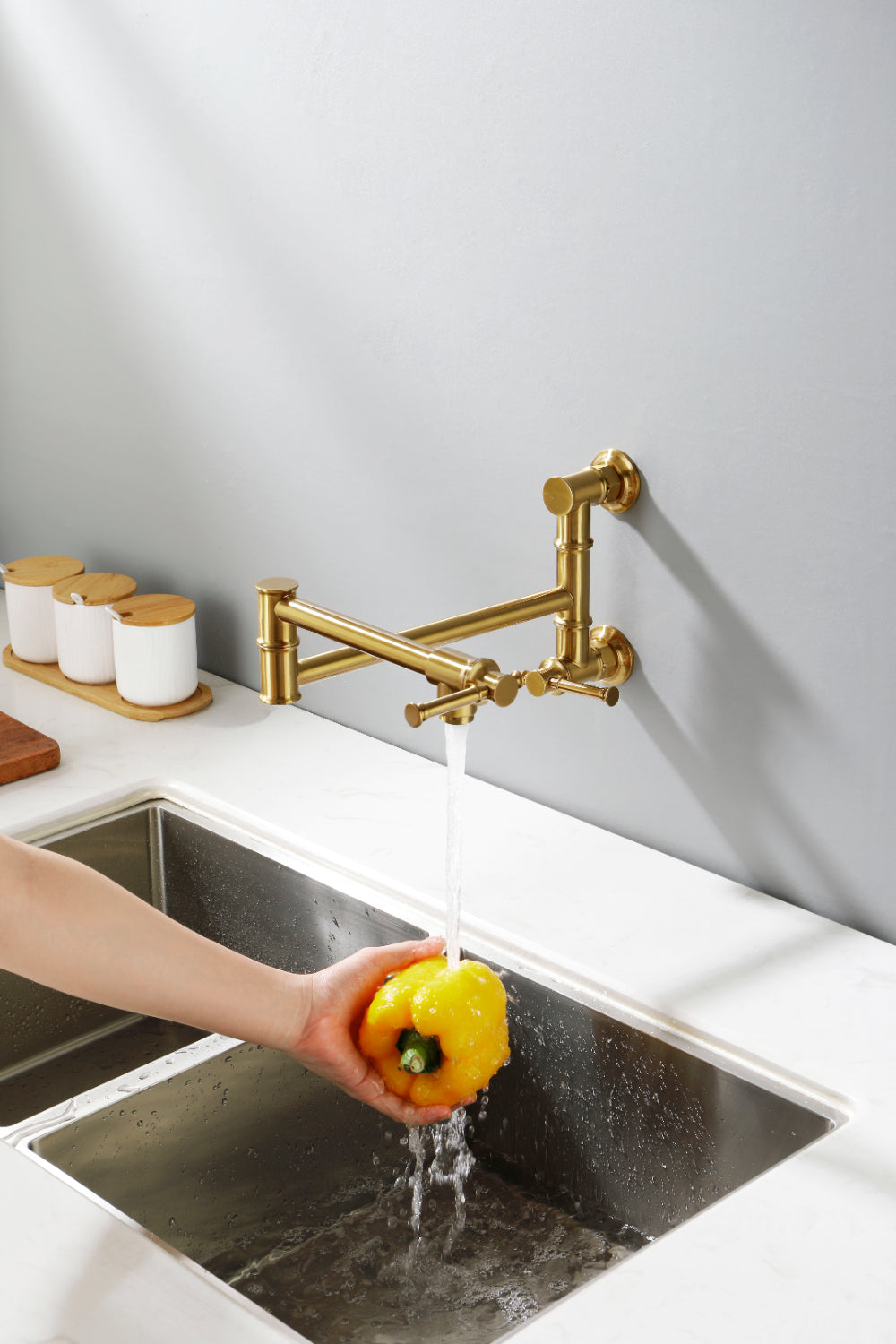 Wall Mounted Pot Filler Faucet โ Brushed Gold, Two-Attachment Folding Swing Arm, Dual Handle, Solid Brass