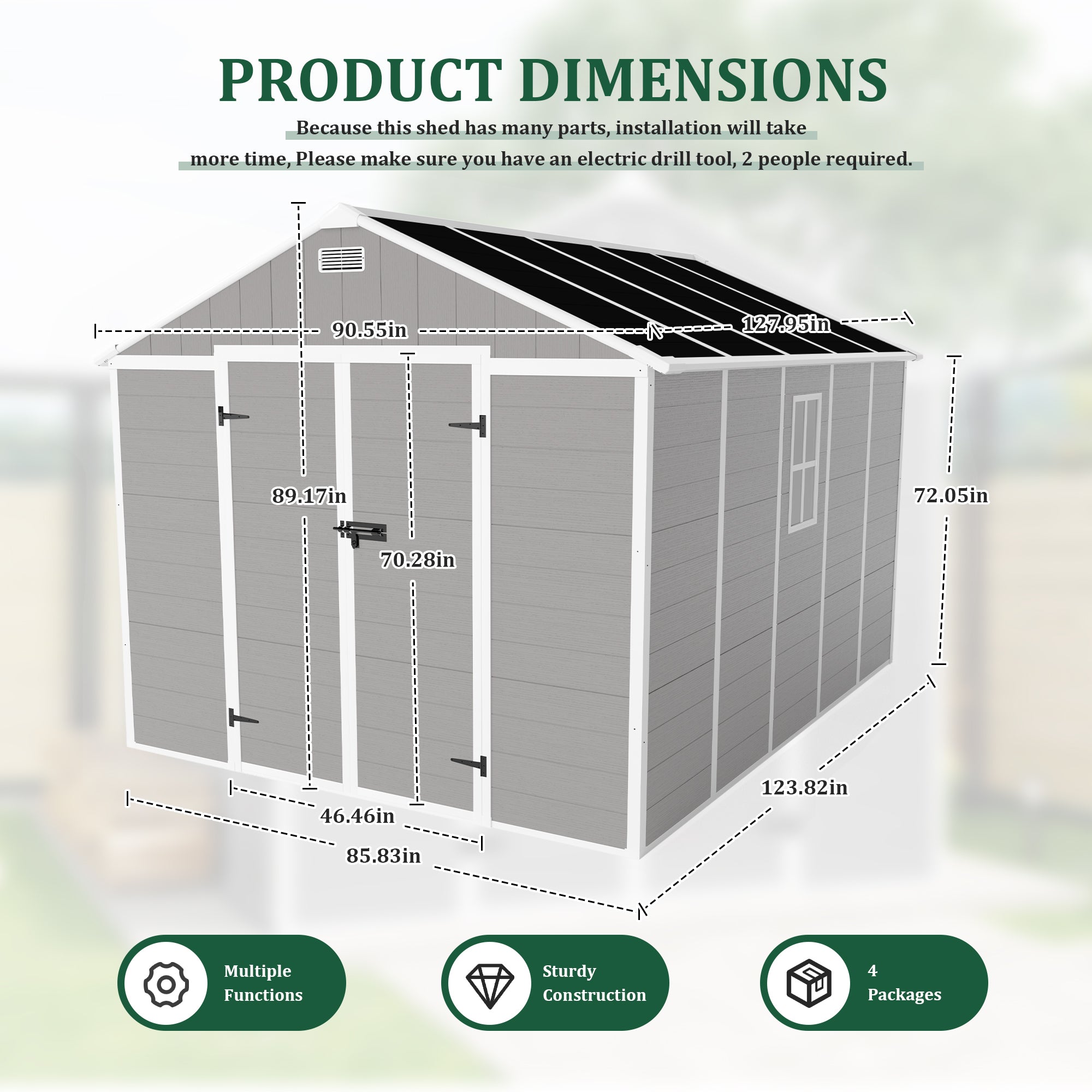 8*10 ft Resin Storage Shed, High Quality Pp Material, Strong Structure, Waterproof, Rust And Uv Proof, Large Storage Space, 12mm Thick Pp Board, Hd Window Lighting