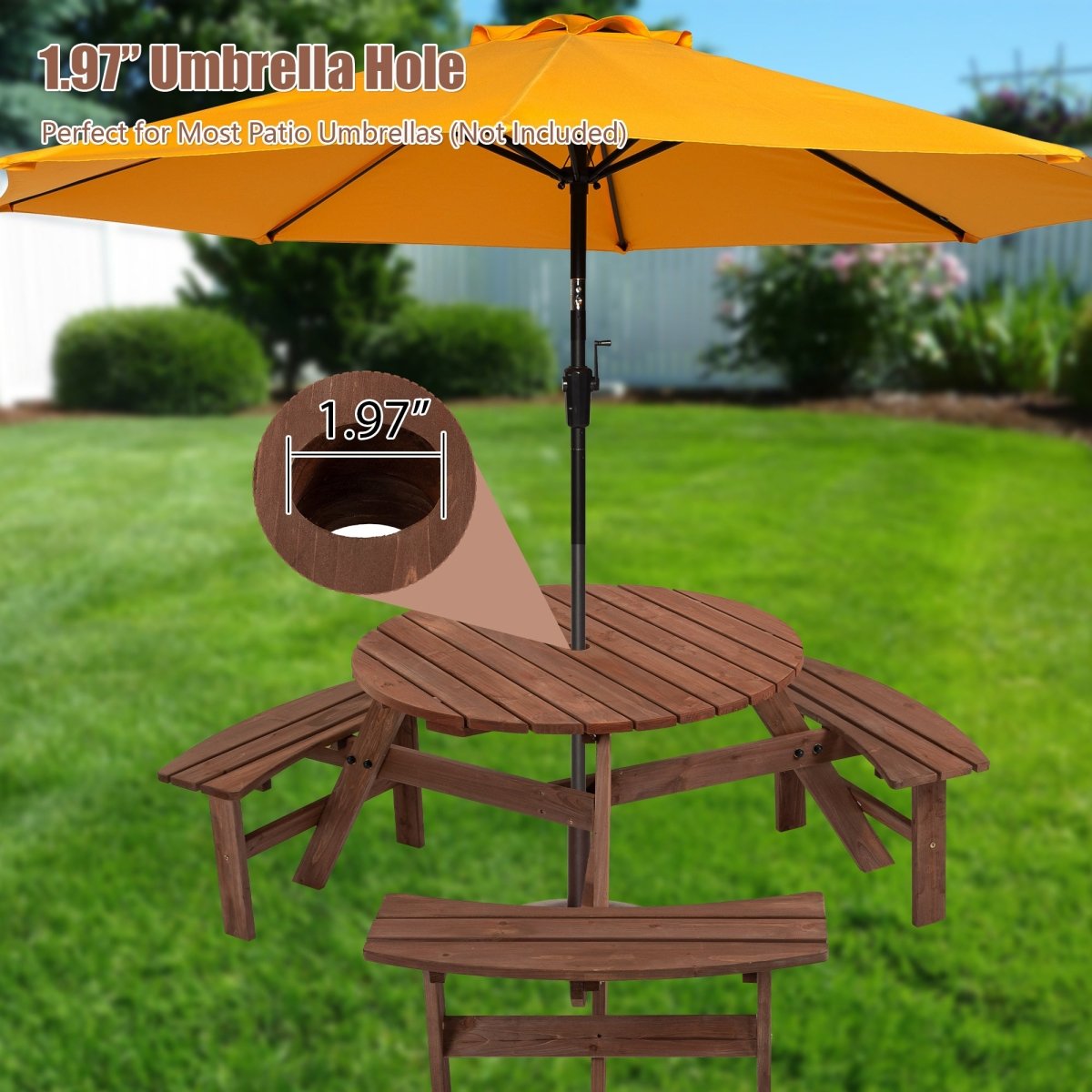 6 - Person Circular Outdoor Wooden Picnic Table for Patio, Backyard, Garden, DIY w/ 3 Built - in Benches, 1720lb Capacity - Brown - HomeDIYer