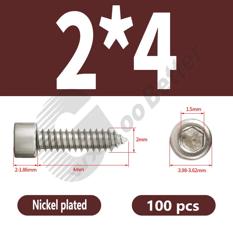 M1.7 M2 M2.3 M2.6 M3 M3.5 M4 M5 M6 Socket Head Self‑Tapping Screws – Alloy Steel, Nickel or Black Zinc