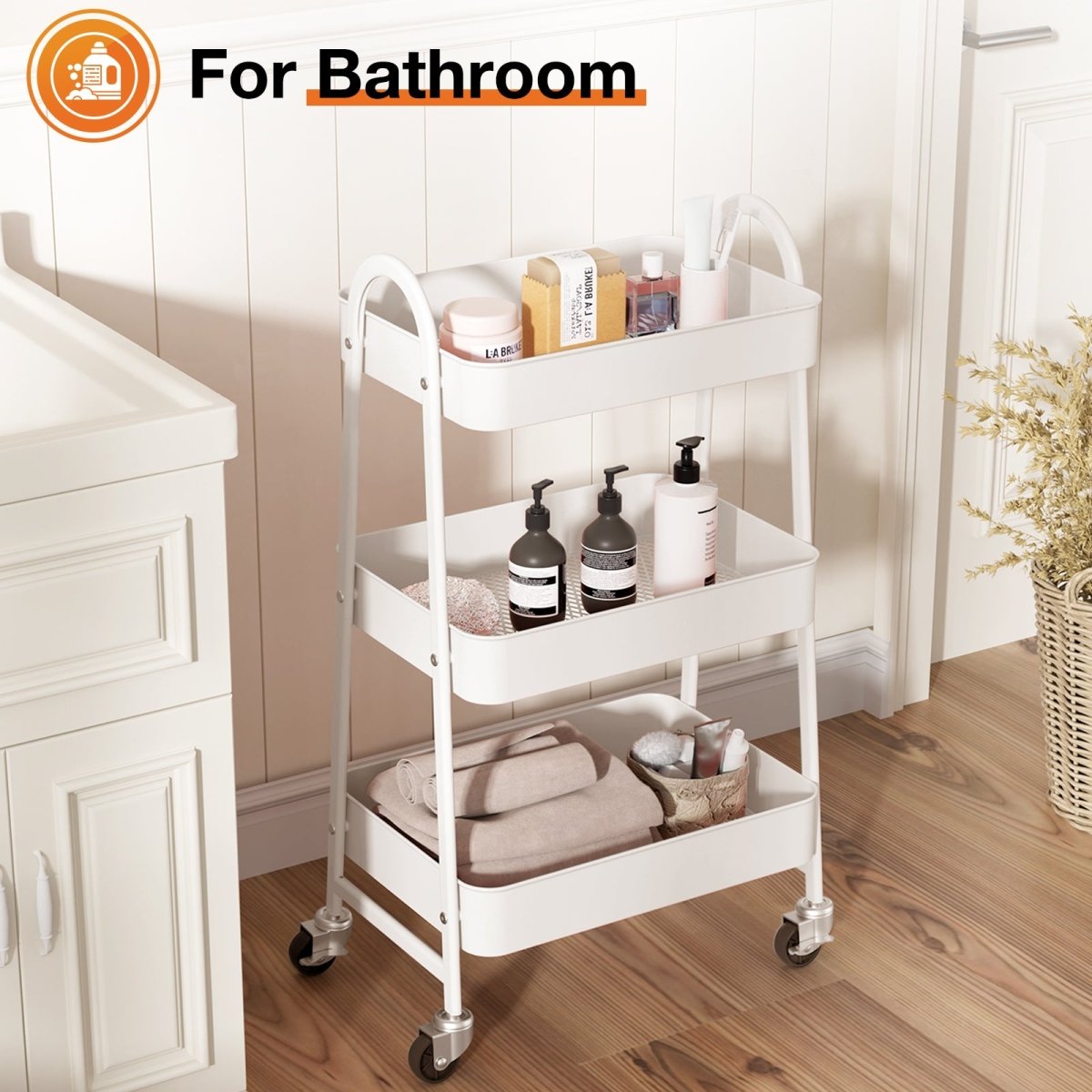 White 3 Tier Small Rolling Cart, Metal Utility Storage Organizer Kitchen Trolley Bathroom Laundry Room Bar Office Shelves - HomeDIYer