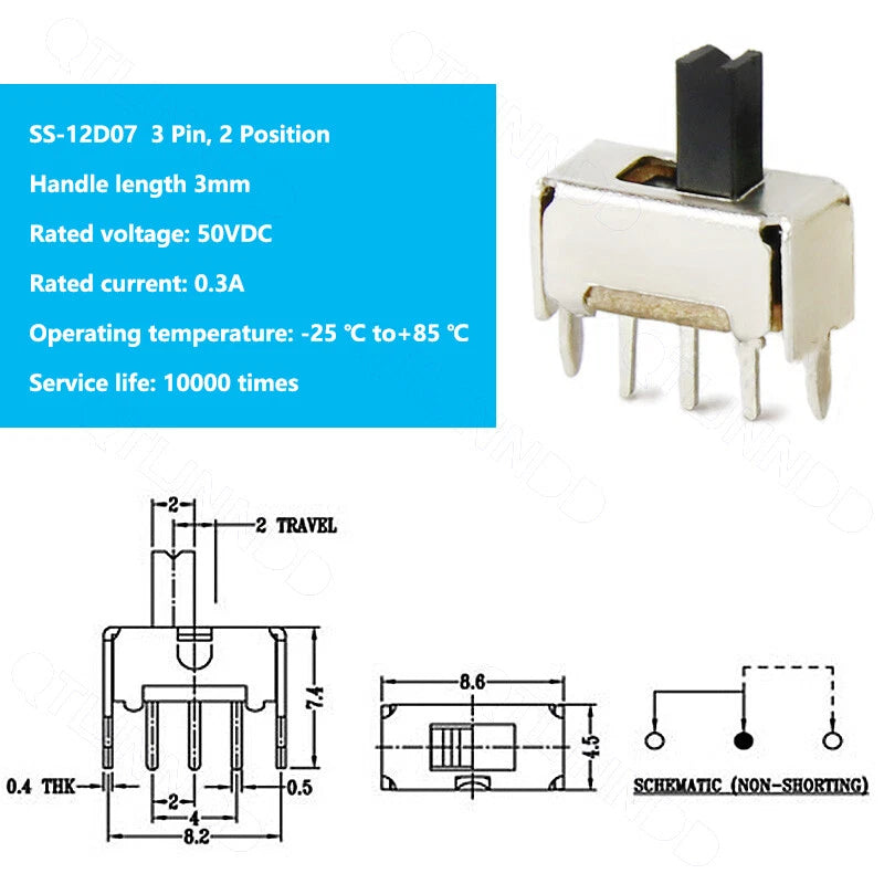 SS-12 Mini Slide Toggle Switch SPDT 3-Pin 2-Position SMD 50VDC 0.3A (SS-12D06 / SS-12D07 / SS-12D10)