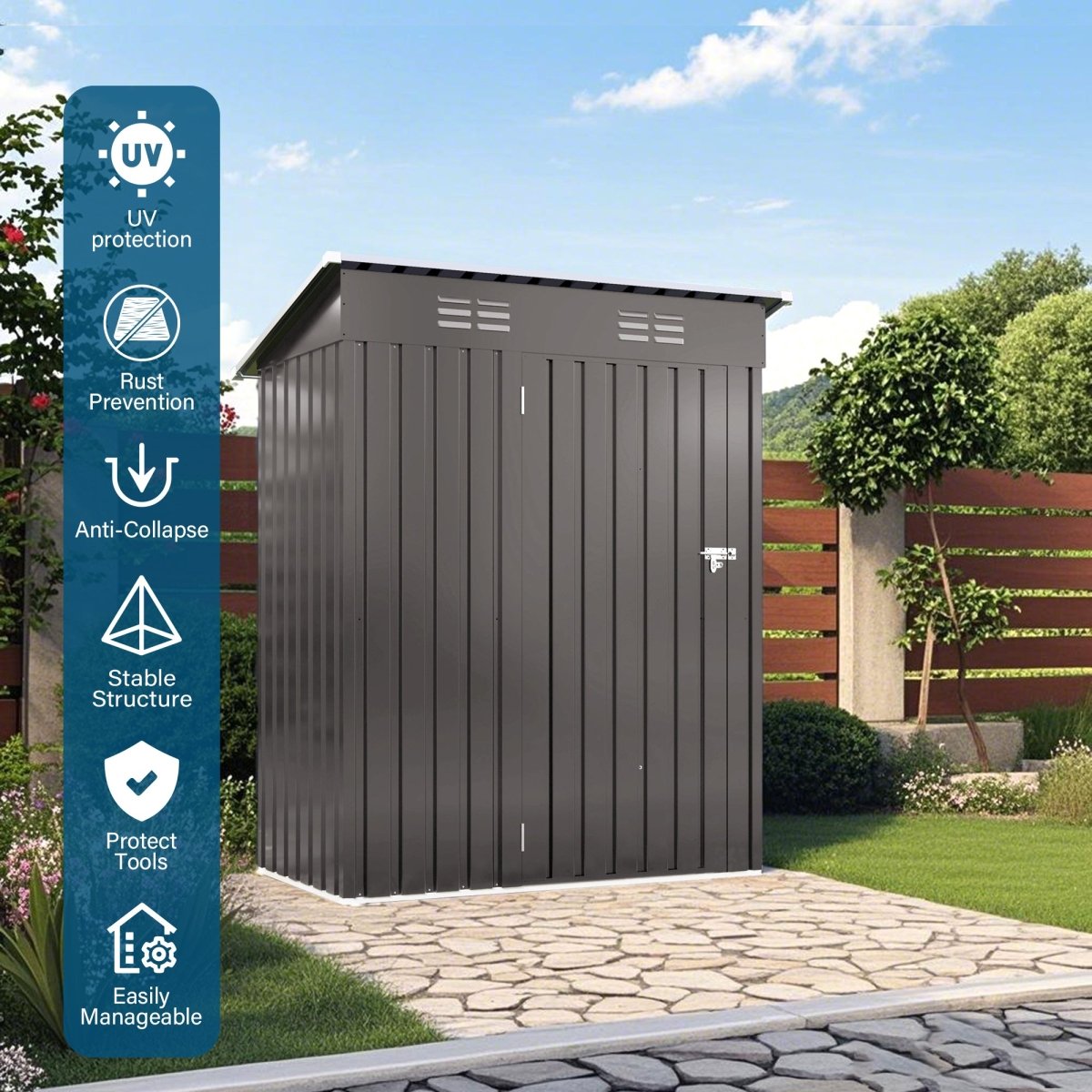 5X3 FT Metal Outdoor Storage Shed, Tool Shed with Pitched Roof and Lockable Door Compact Metal Tool Shed for Garden, Backyard, Patio, Everyday Sundries and Bike Storage, Gray - HomeDIYer