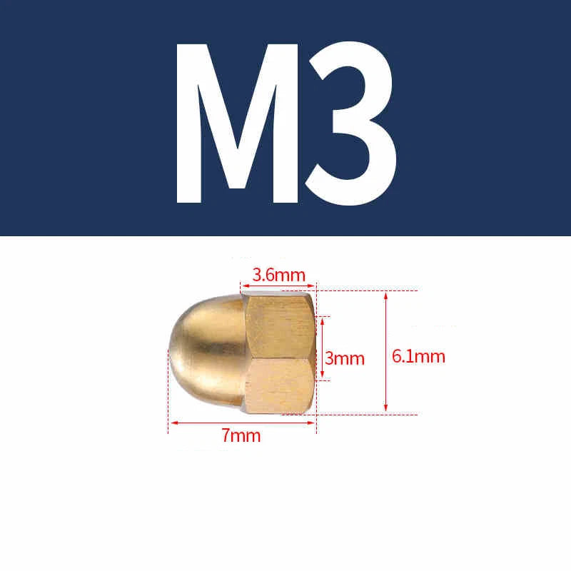 Solid Brass Cap Nuts M3–M20 – Hex Acorn Dome Cover Nuts, Untreated Natural Finish