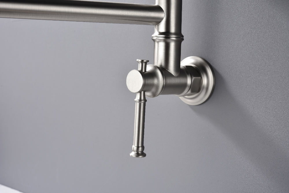 Wall Mounted Pot Filler Faucet โ Brushed Nickel, Two-Attachment Folding Swing Arm, Dual Handle, Solid Brass
