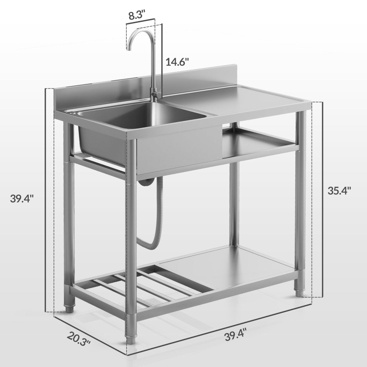 Outdoor Utility Sink, Deep Stainless Steel Sink, Free Standing Single Bowl Kitchen Sink with Cold and Hot Water Pipe and Storage Shelf for Laundry Garage, 39 Inch - HomeDIYer