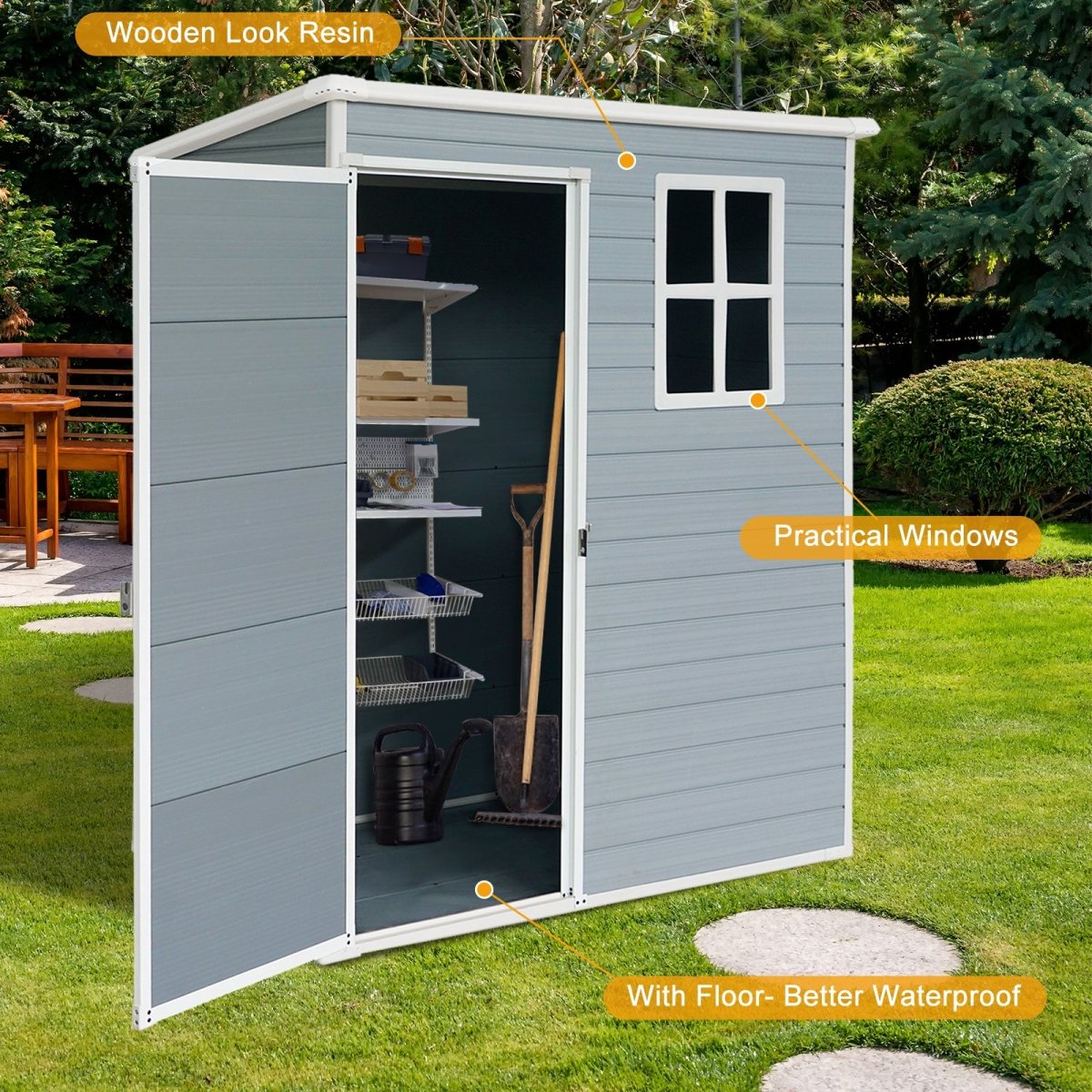 5ft x 3ft Resin Outdoor Storage Shed Plastic Garden Sheds with Floor and Lockable Door for Backyard, Lawn, Grey - HomeDIYer