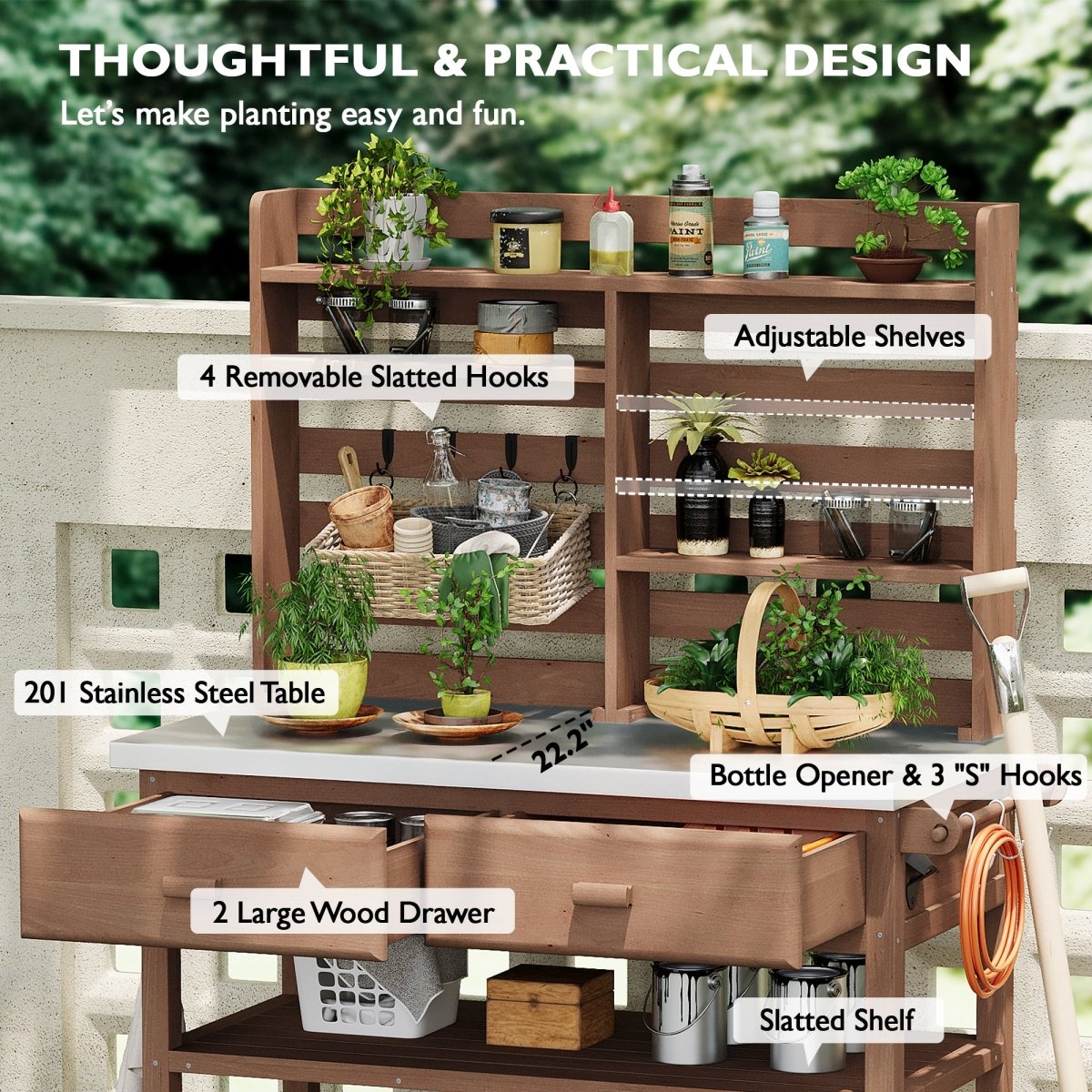 64.9"H Outdoor Potting Bench Table with Lockable Wheels, Solid Wood Outdoor Kitchen Island with Upper Hutch, Stainless Steel Top, Towel Rack ,Outdoor Storage for Grilling, Lawn Garden - Brown - HomeDIYer