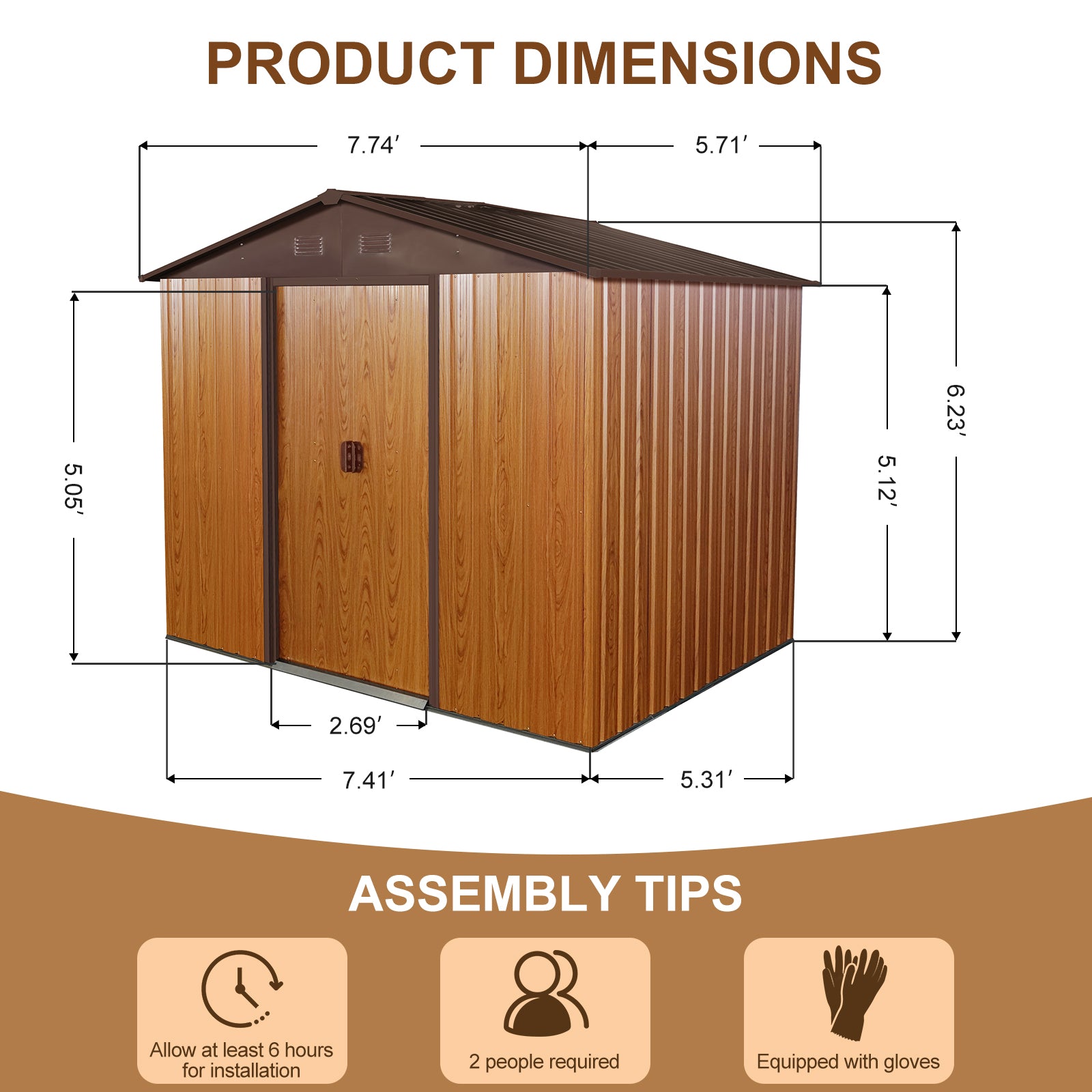 8ft x 6ft Outdoor Metal Storage Shed with Metal foundation,Coffee