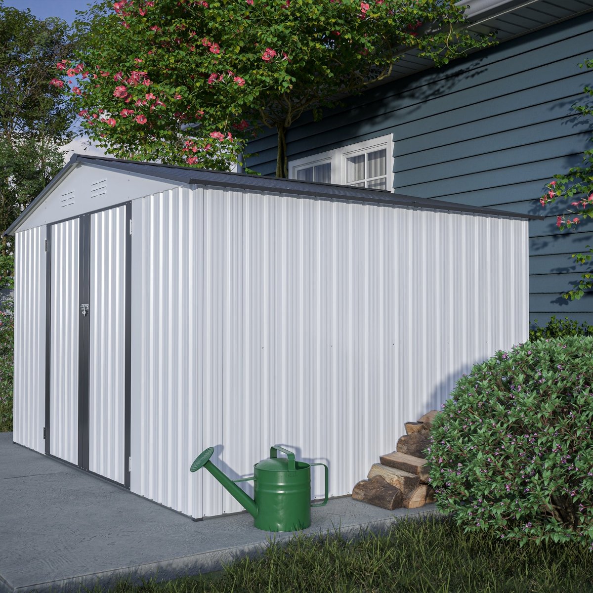 10X8 FT Outdoor Storage Shed, All Weather Metal Sheds with Lockable Doors, Tool Shed for Garden, Patio, Backyard, Lawn, Grey - HomeDIYer