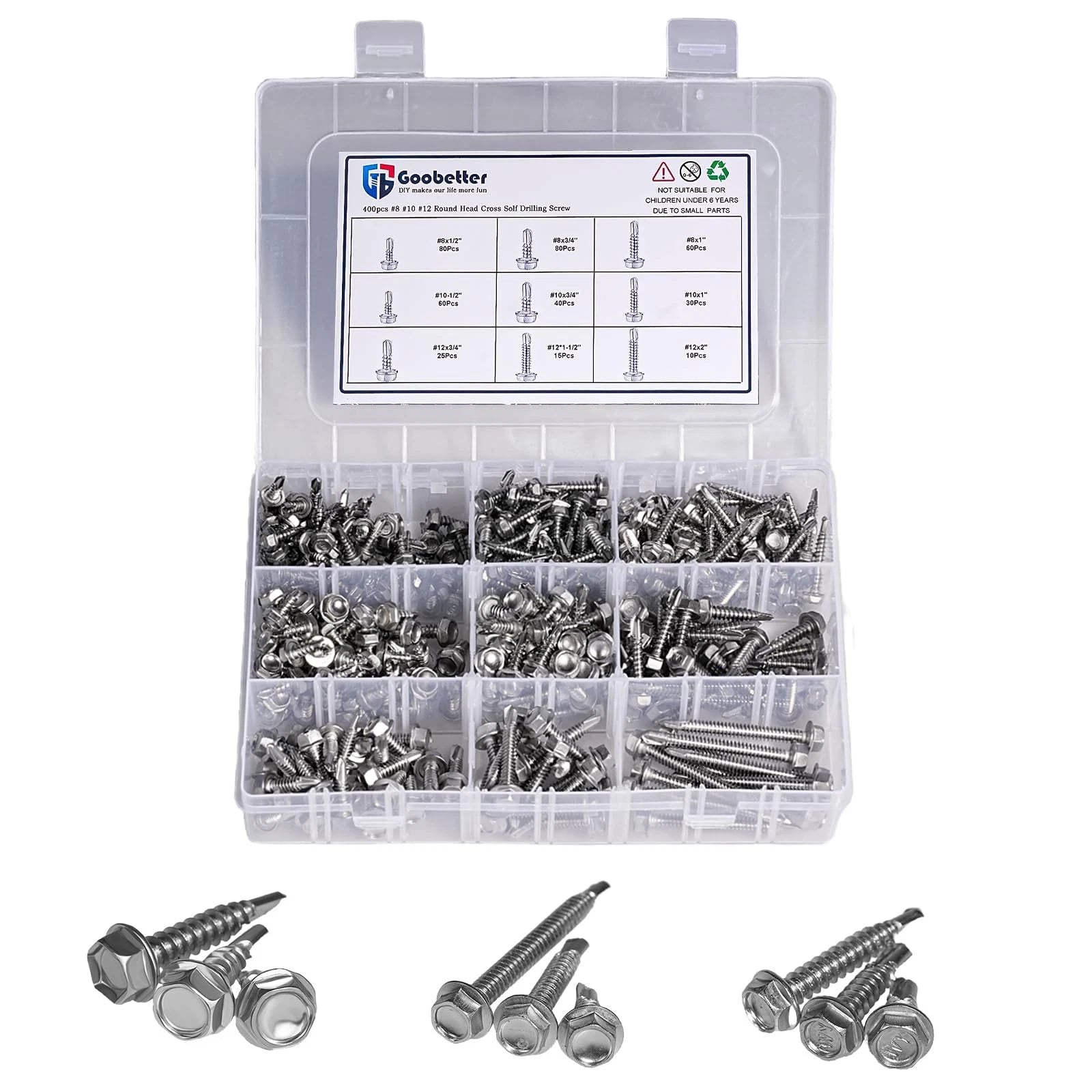 400PCS Hex Washer Head Self Drilling Tek Screws – 410 Stainless Steel, #8 #10 #12