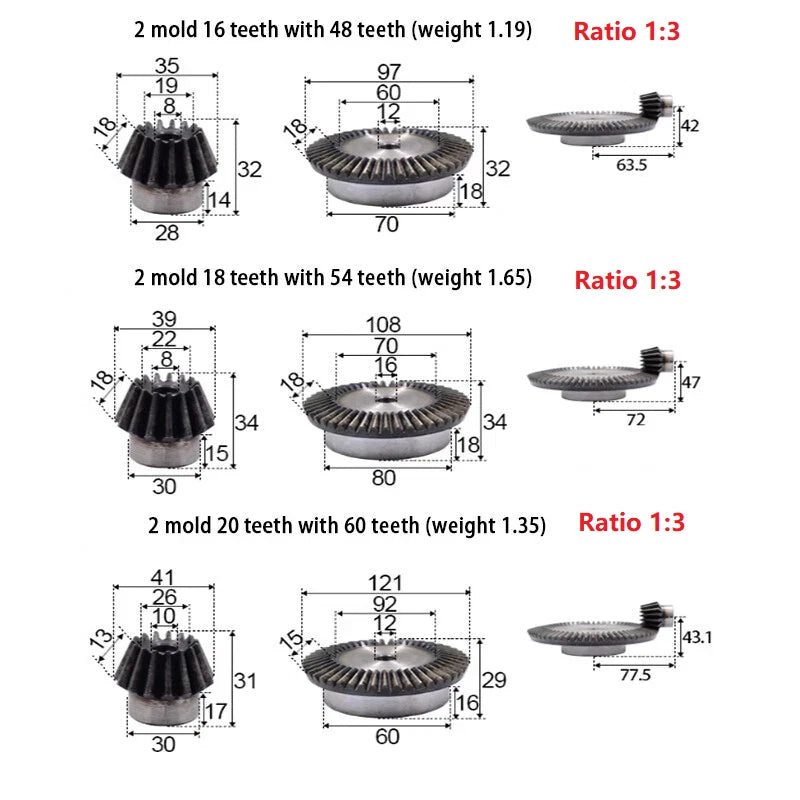 0.8 - 2.5 Mod Pair Bevel Gear 15-160 Teeth Transmission Gears C45 Steel 1:3-1:8