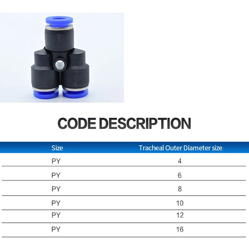 Pneumatic Y Splitter 3-Way Air Hose Fitting — Push-to-Connect, 4mm to 16mm