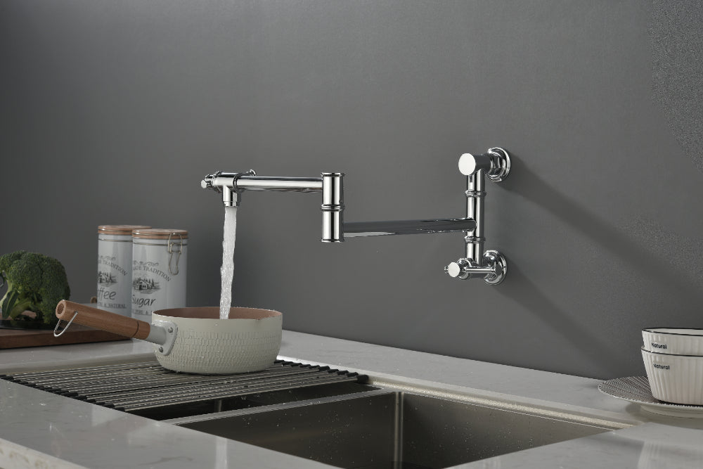 Wall Mounted Pot Filler Faucet – Chrome, Two-Attachment Folding Swing Arm, Dual Handle, Solid Brass