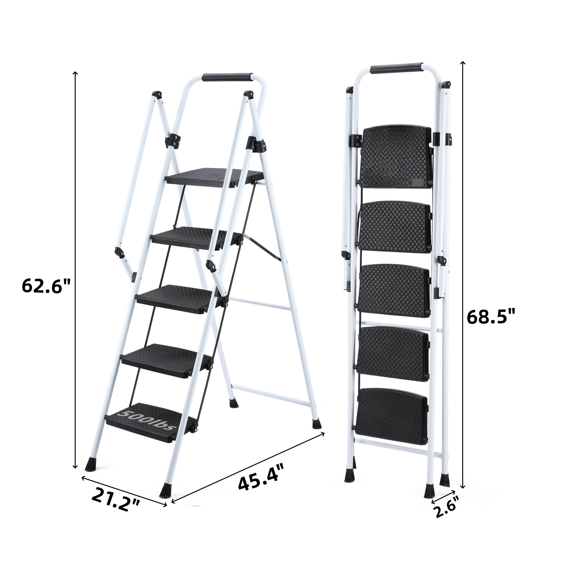 ladder, folding ladder stool, with anti slip wide pedals, steel ladder, with safety anti slip handle, lightweight 300 pound portable steel ladder stool in White 5 steps