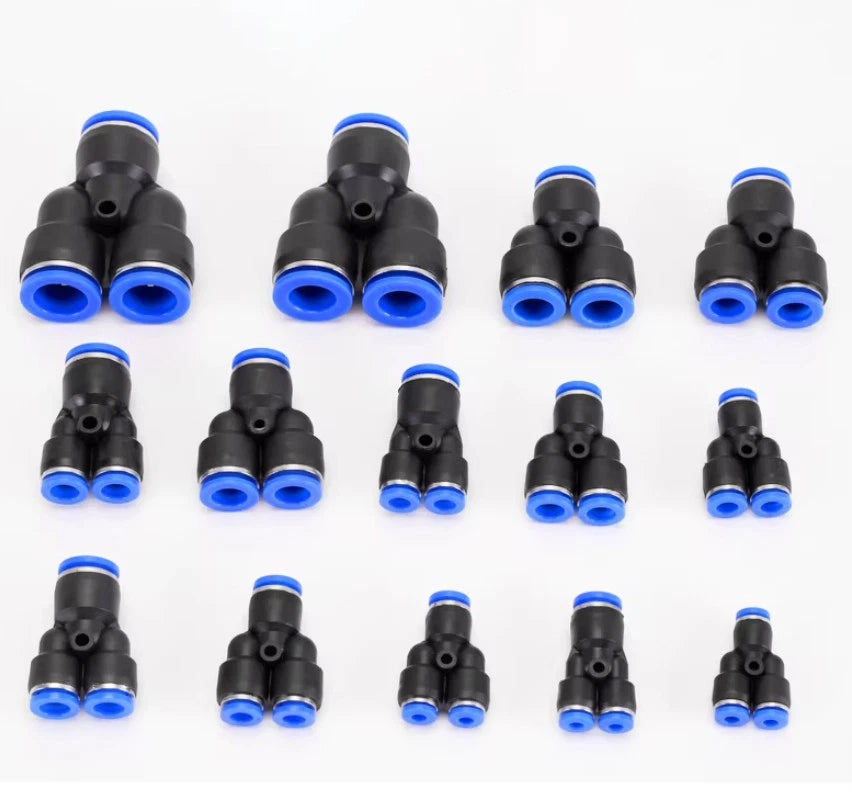 Plastic Pneumatic Hose Splitter Connector — Y-Shape PY & Equal Tee PW Fittings