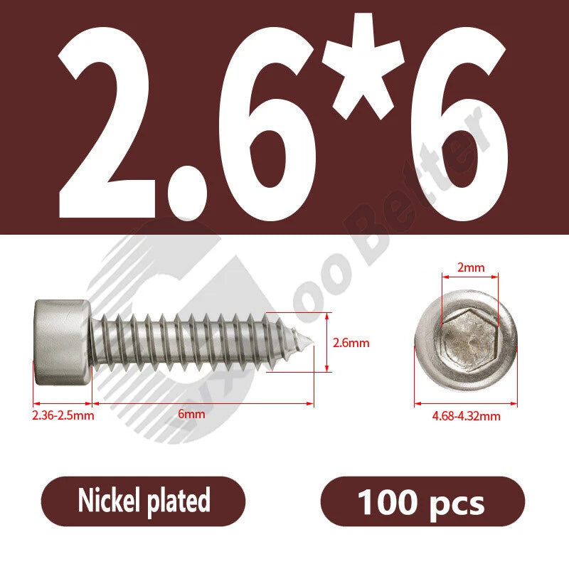 M1.7 M2 M2.3 M2.6 M3 M3.5 M4 M5 M6 Socket Head Self‑Tapping Screws – Alloy Steel, Nickel or Black Zinc