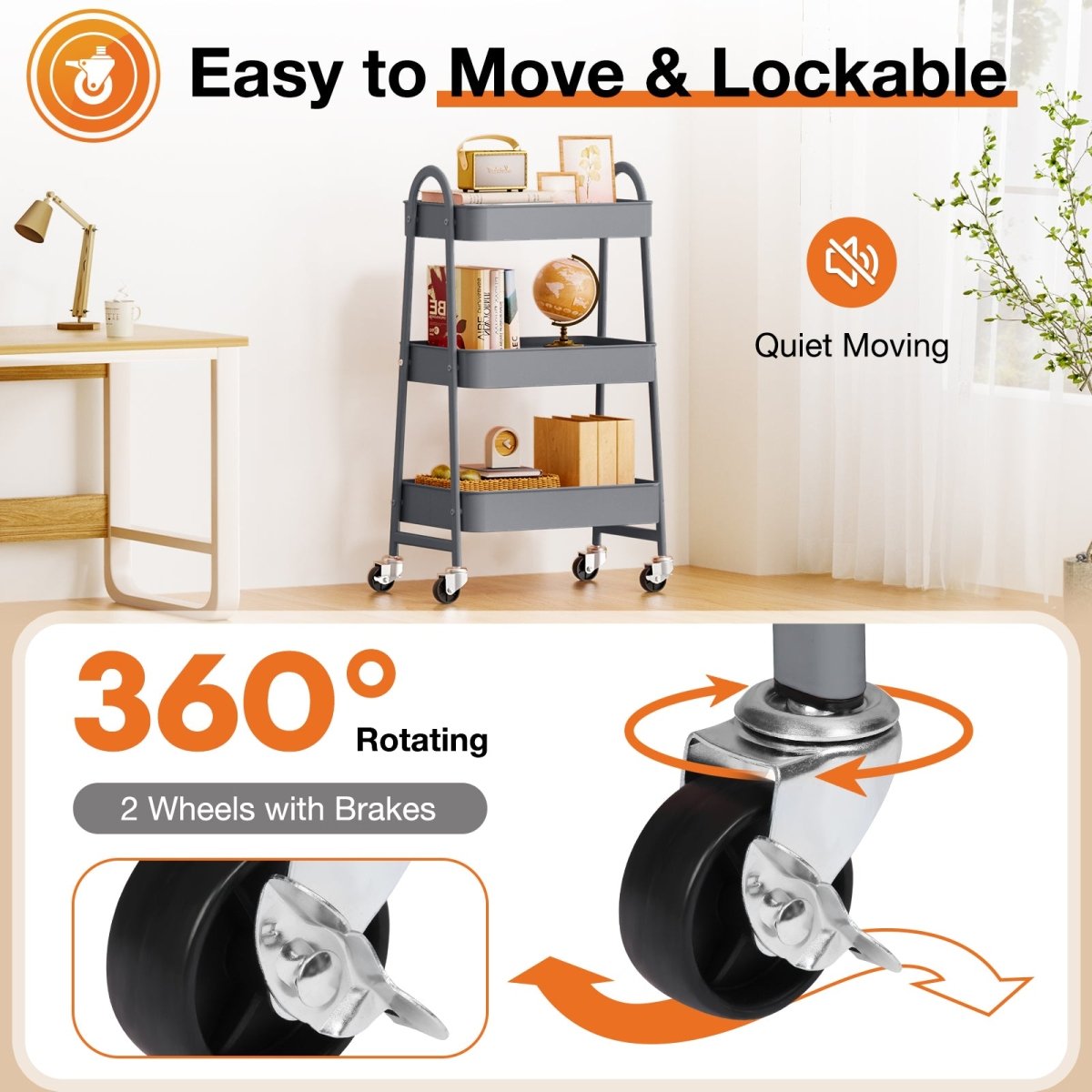 Gray 3 Tier Small Rolling Cart, Metal Utility Storage Organizer Kitchen Trolley Bathroom Laundry Room Bar Office Shelves - HomeDIYer